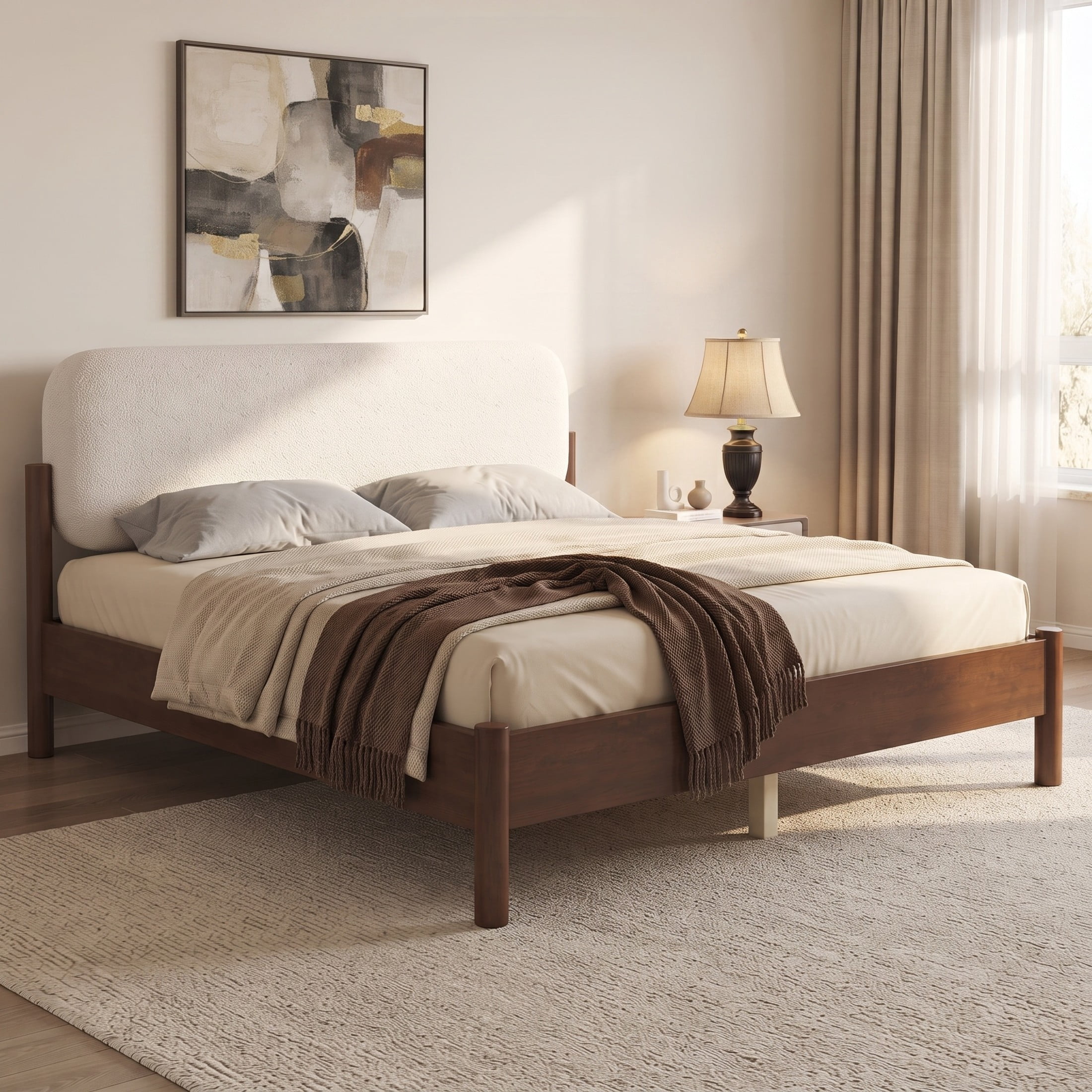 Christopher Knight Home Modern Queen Platform Bed Frame, Thick Rounded Upholstered Headboard, Walnut