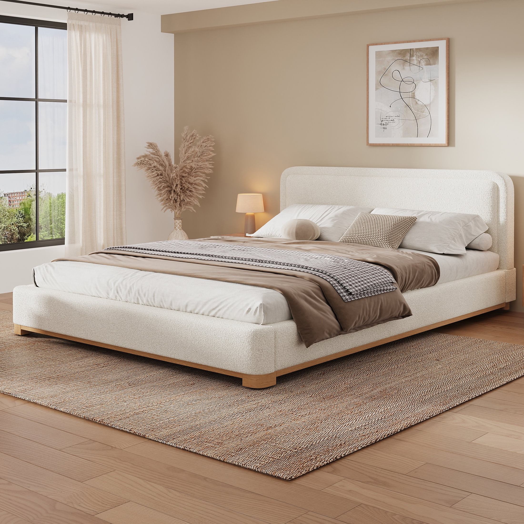 Christopher Knight Home Modern Queen Size Bed Frame with Curved Headboard and Boucle Upholstered, White