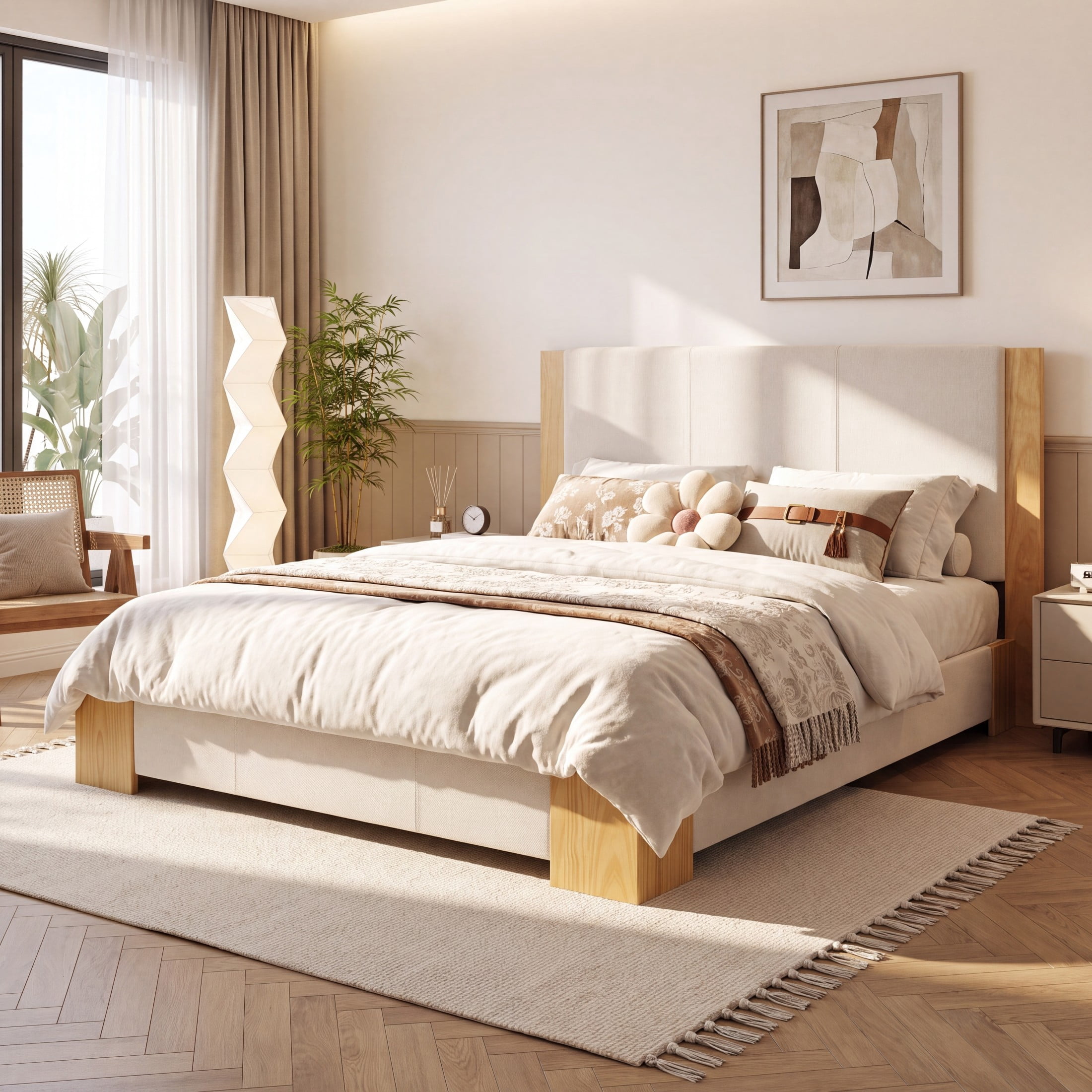 Christopher Knight Home Modern Queen Size Upholstered Platform Bed with Headboard, Beige+Natural