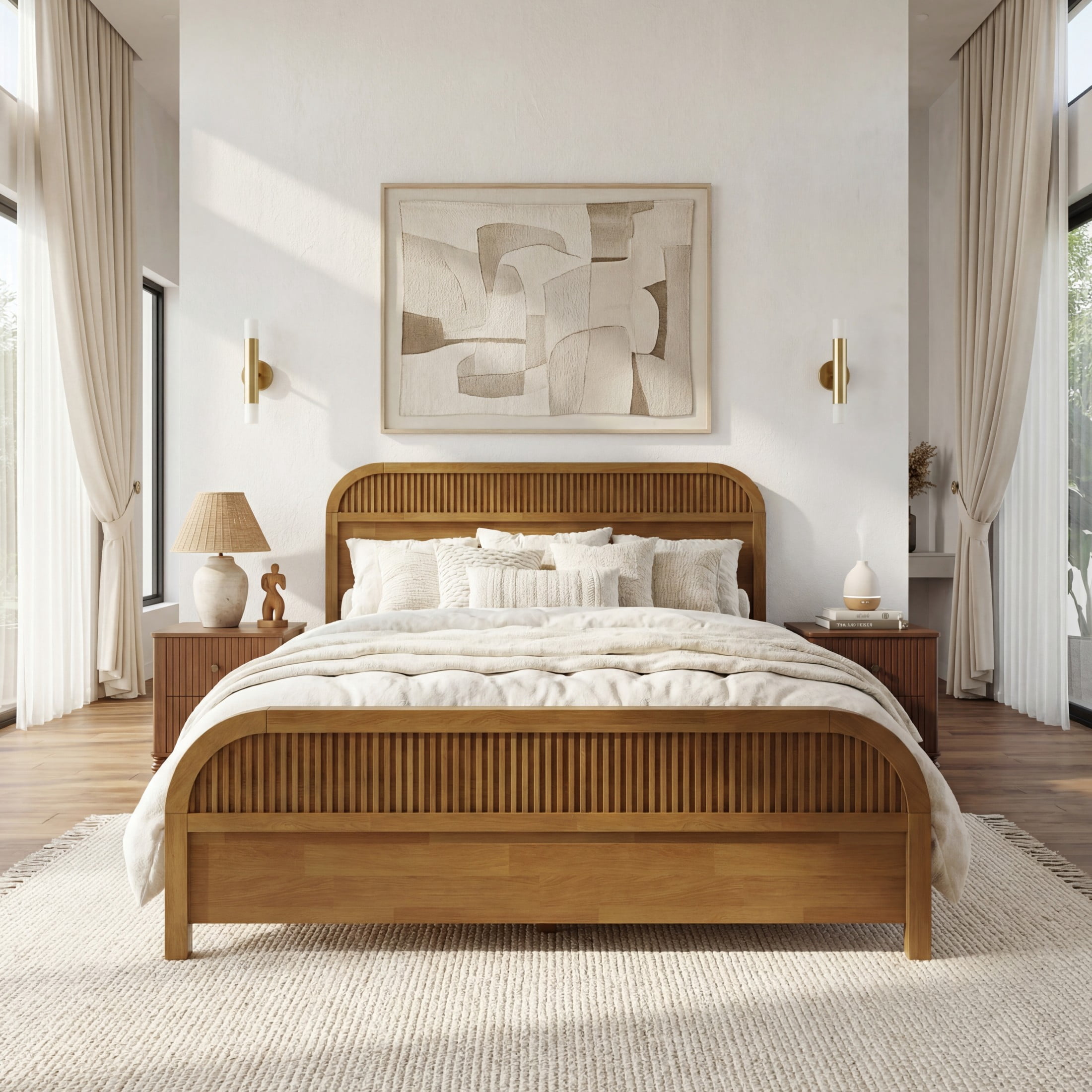 Christopher Knight Home Modern Queen Size Wooden Platform Bed Frame with Headboard, Blonde Oak Finish