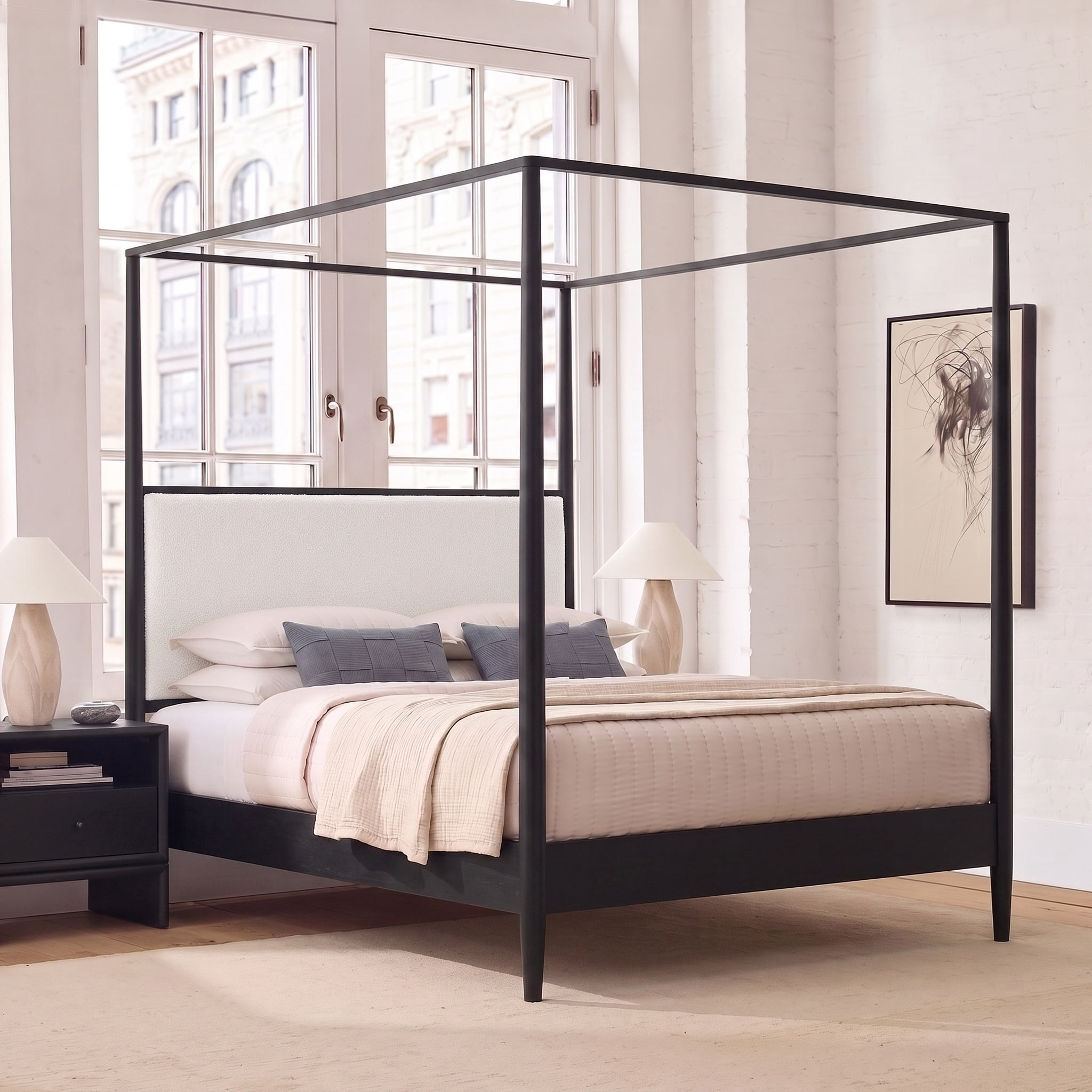 Christopher Knight Home Modern Queen Solid Wood Bed Frame with Boucle Upholstered Headboard, Black