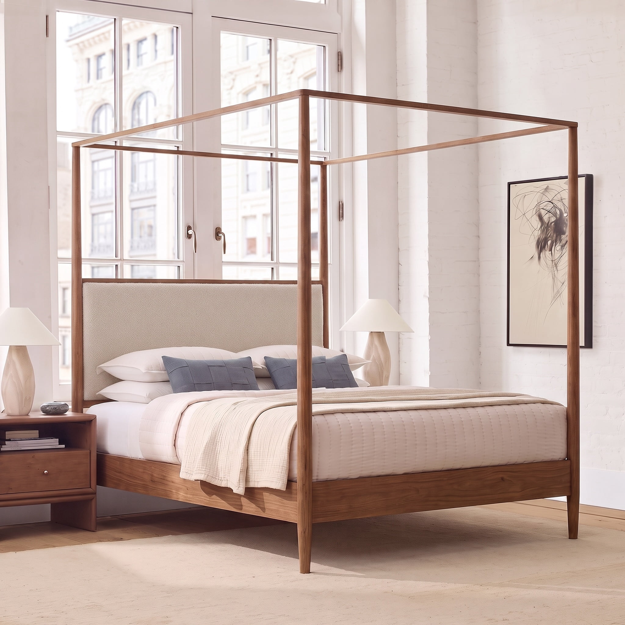 Christopher Knight Home Modern Queen Solid Wood Bed Frame with Boucle Upholstered Headboard, Walnut