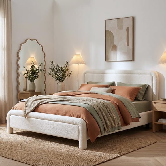 Christopher Knight Home Modern Queen Upholstered Platform Bed Frame with Curved Headboard, White