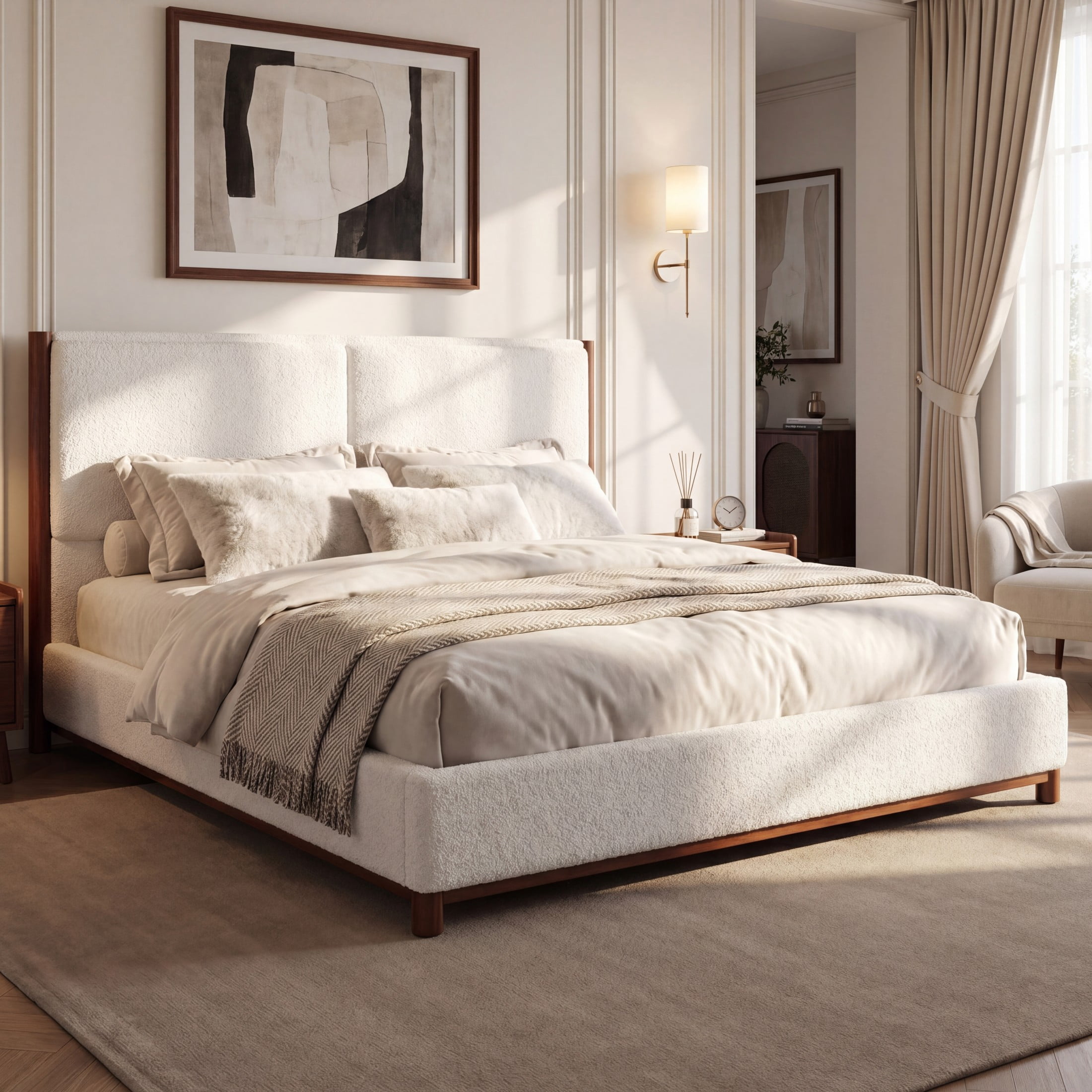 Christopher Knight Home Modern Queen Upholstered Platform Bed Frame with Headboard, Walnut+White