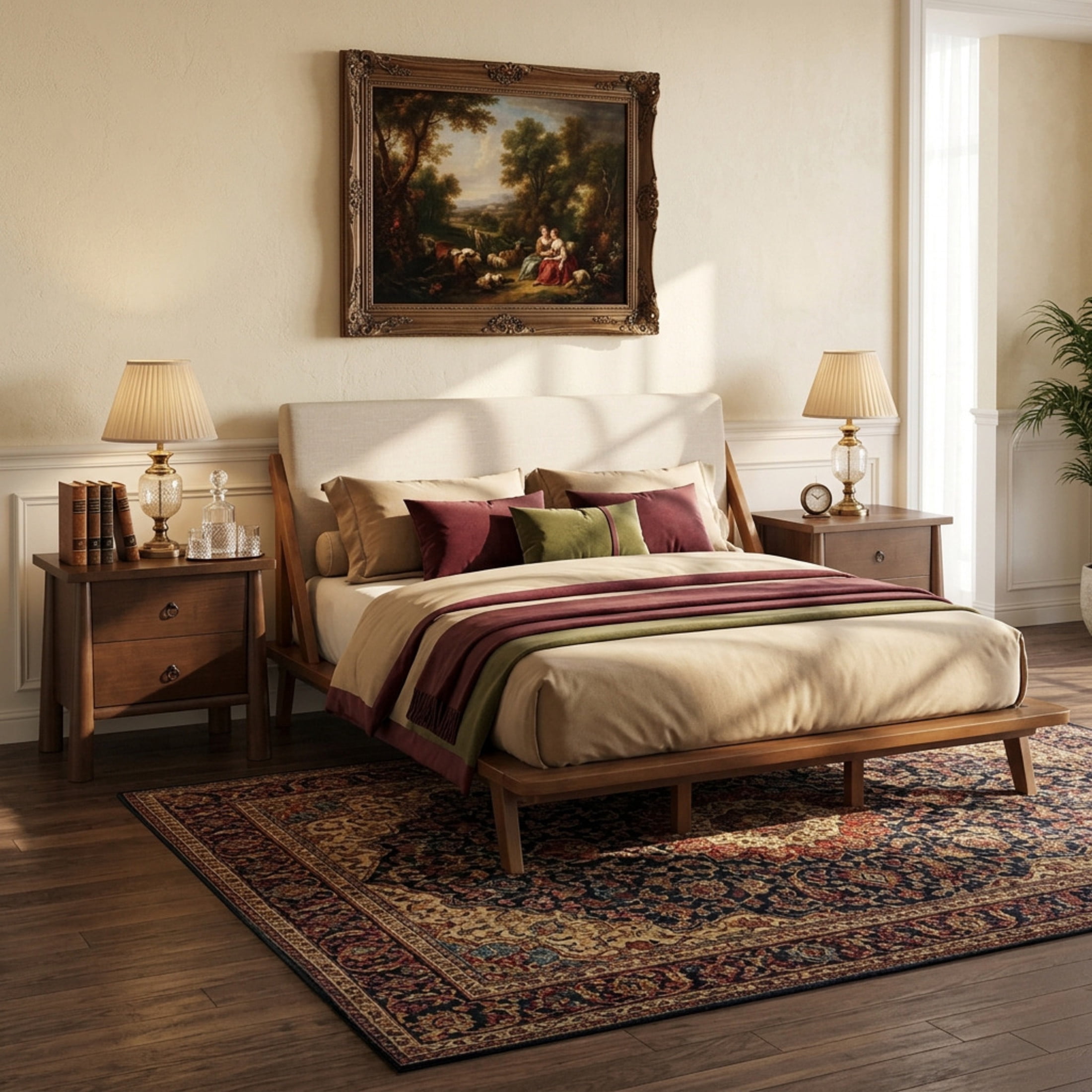 Christopher Knight Home Modern Queen Upholstered Platform Bed with 2 Brown Nightstands, Natural+Beige