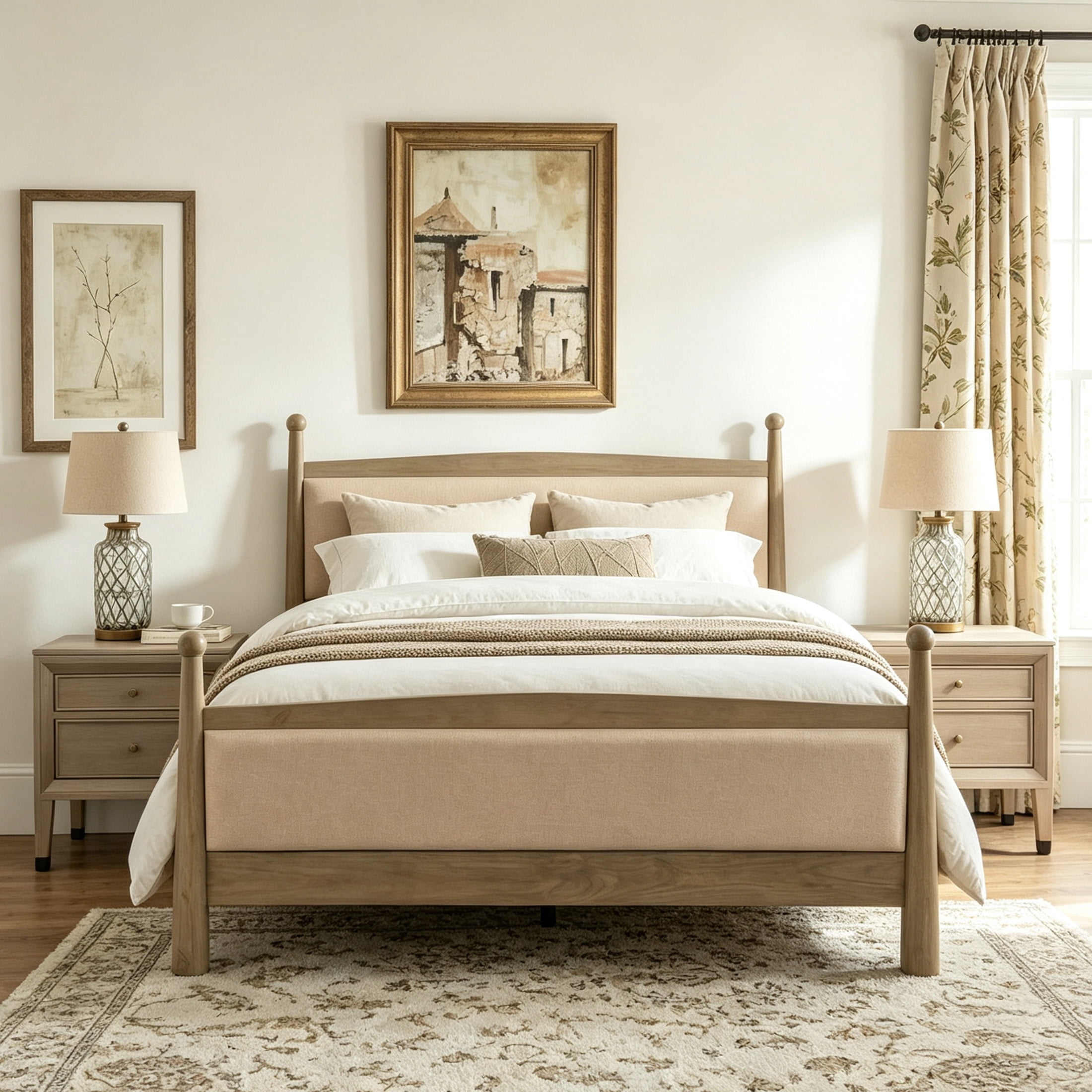 Christopher Knight Home Farmhouse Bedroom Set, Queen Upholstered Bed with 2 Nightstands, Natural+Gray