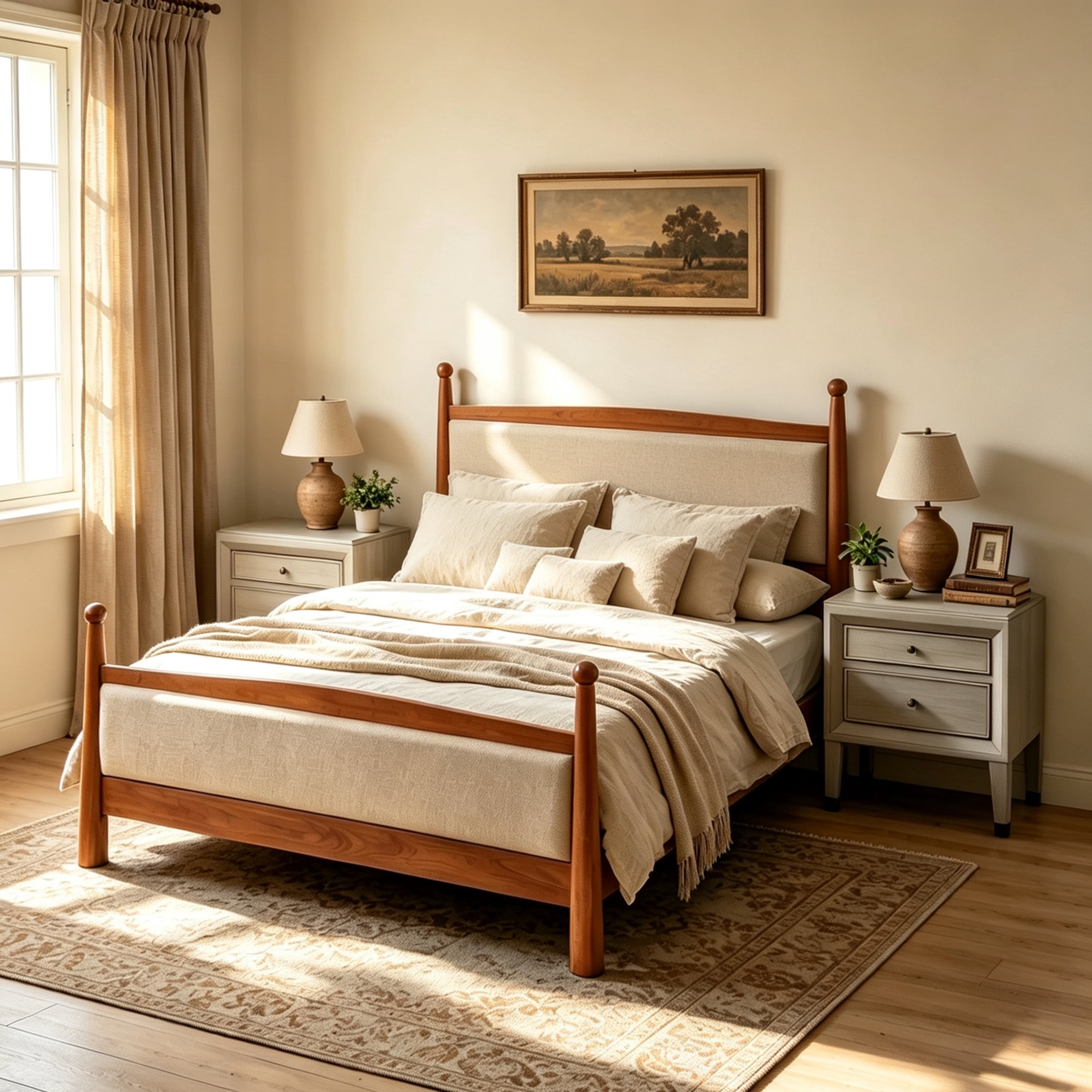Christopher Knight Home Farmhouse Bedroom Set, Queen Upholstered Bed with 2 Nightstands, Cherry+Gray