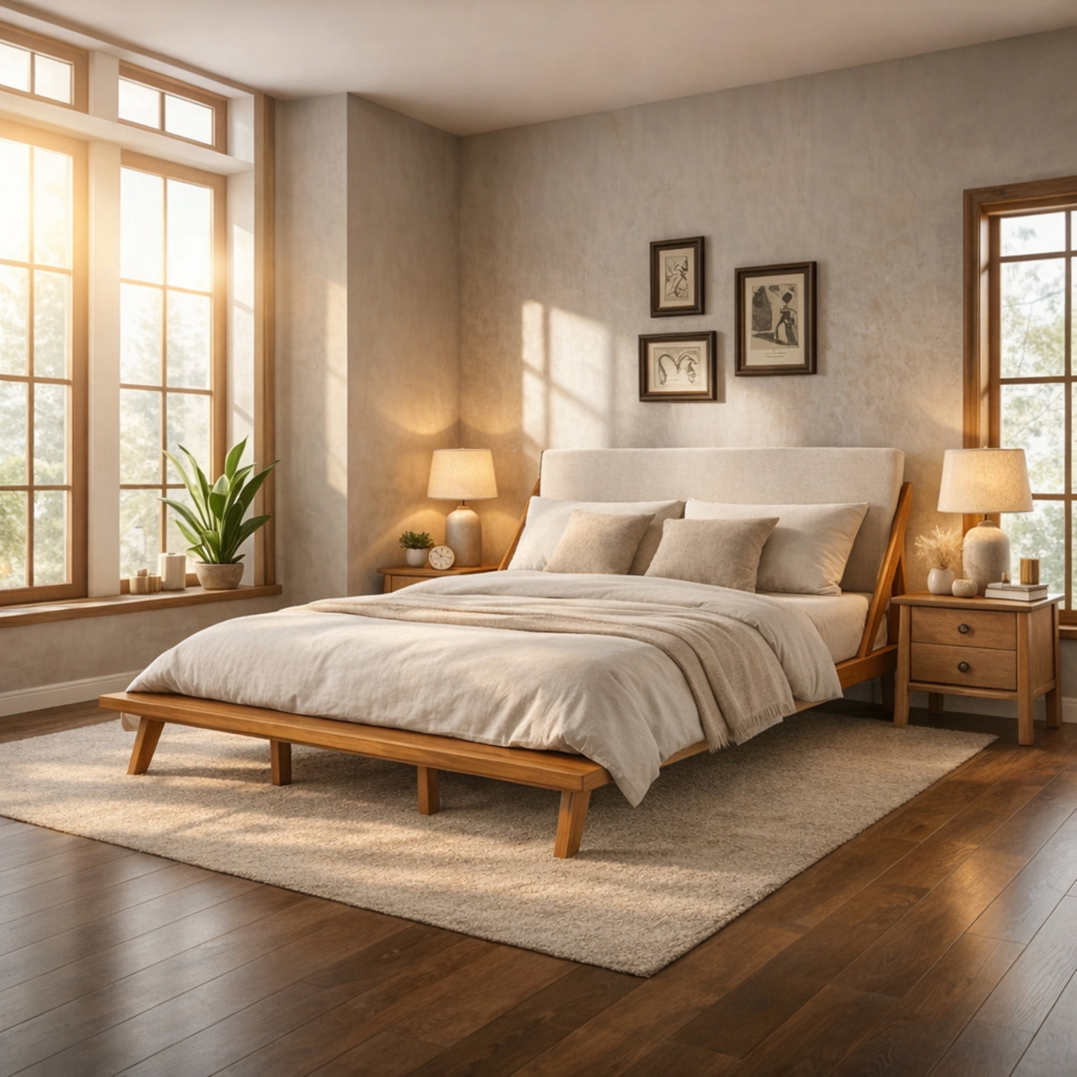 Christopher Knight Home Modern Queen Upholstered Platform Bed with 2 Natural Nightstands, Natural+Beige