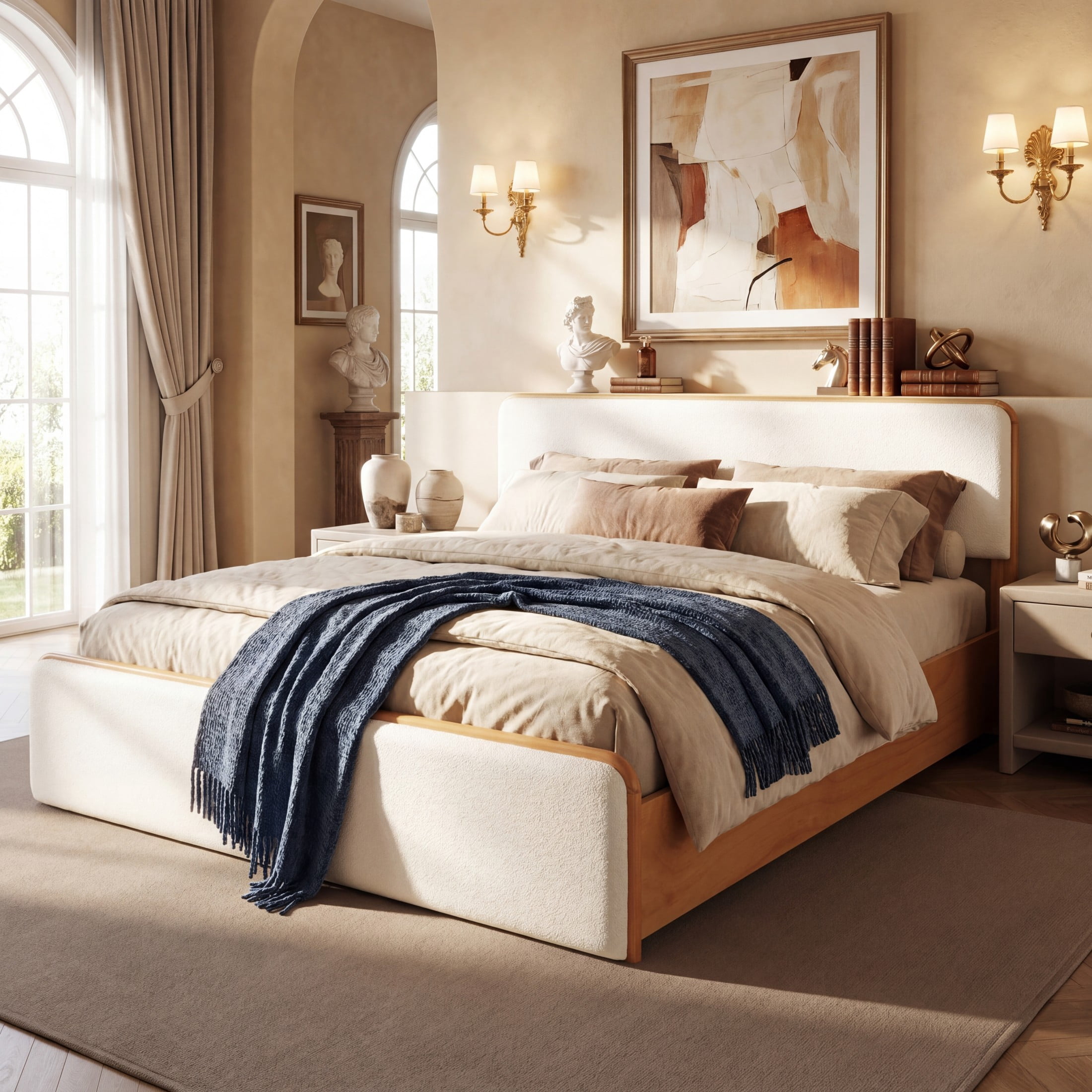 Christopher Knight Home Modern Queen Wood Bed Frame with Upholstered Headboard and Footboard, Natural