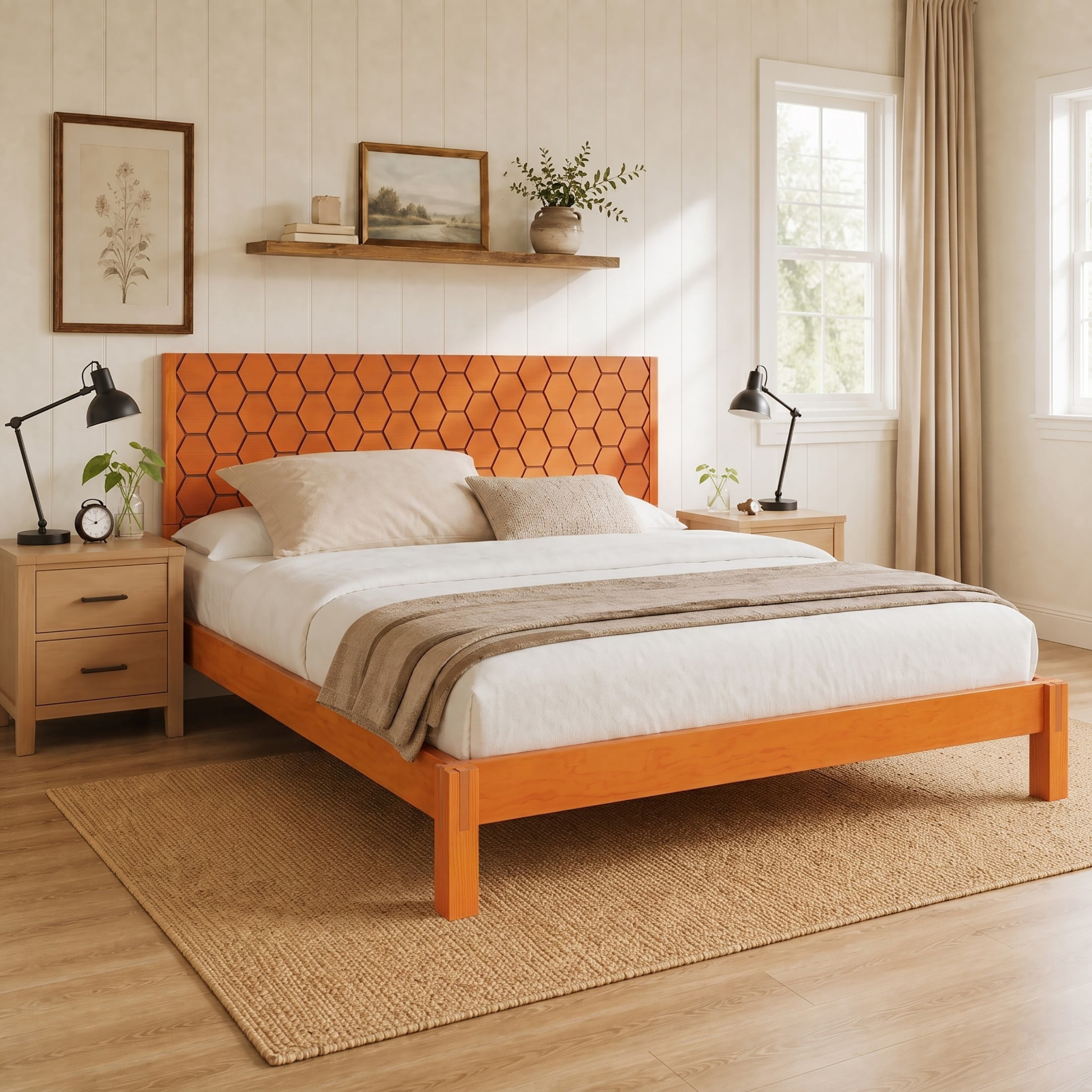 Christopher Knight Home Modern Queen Wooden Platform Bed Frame With Honeycomb Headboard, Golden Oak