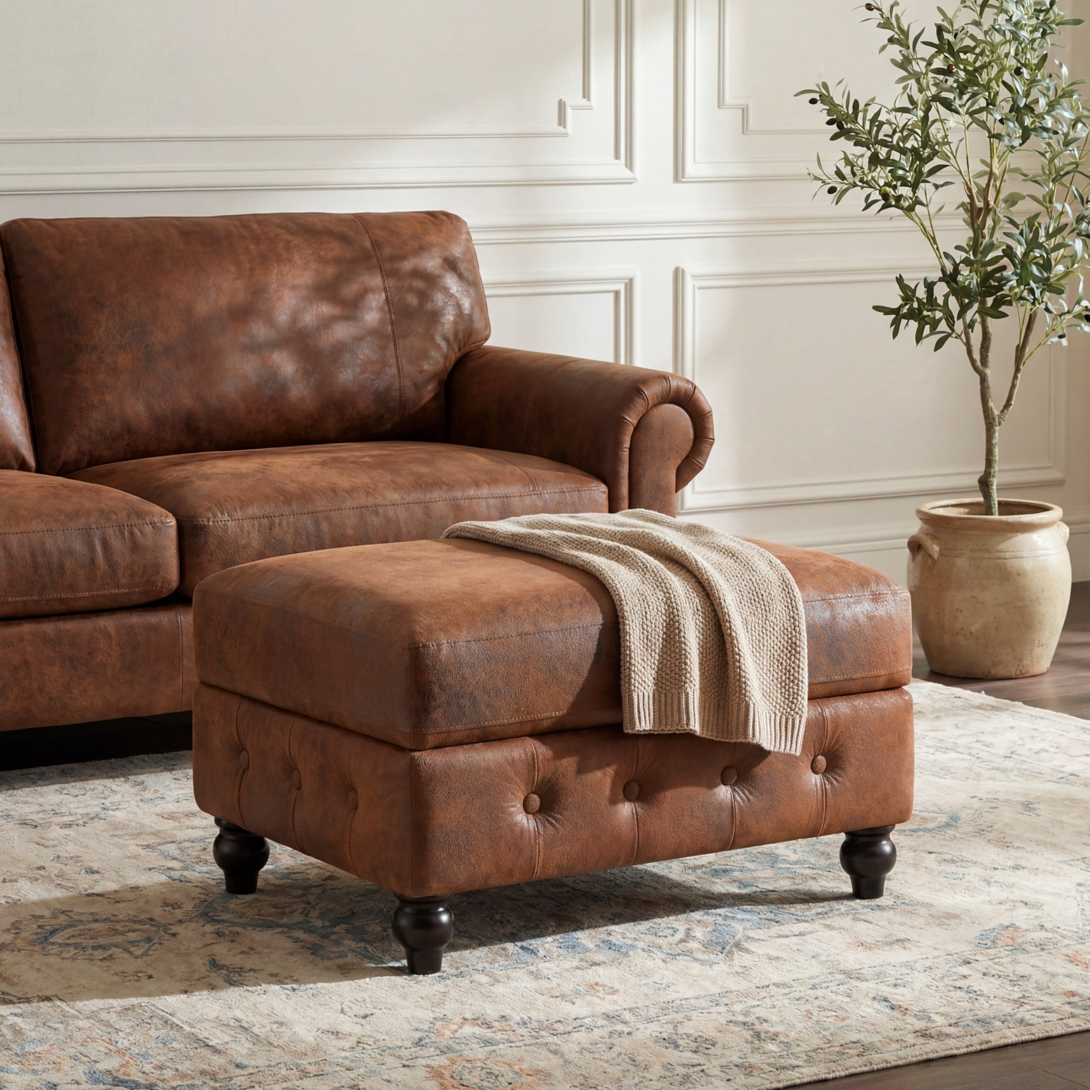Christopher Knight Home Modern Rectangle Storage Ottoman, Tufted Faux Suede Footrest, Wood Legs, Brown