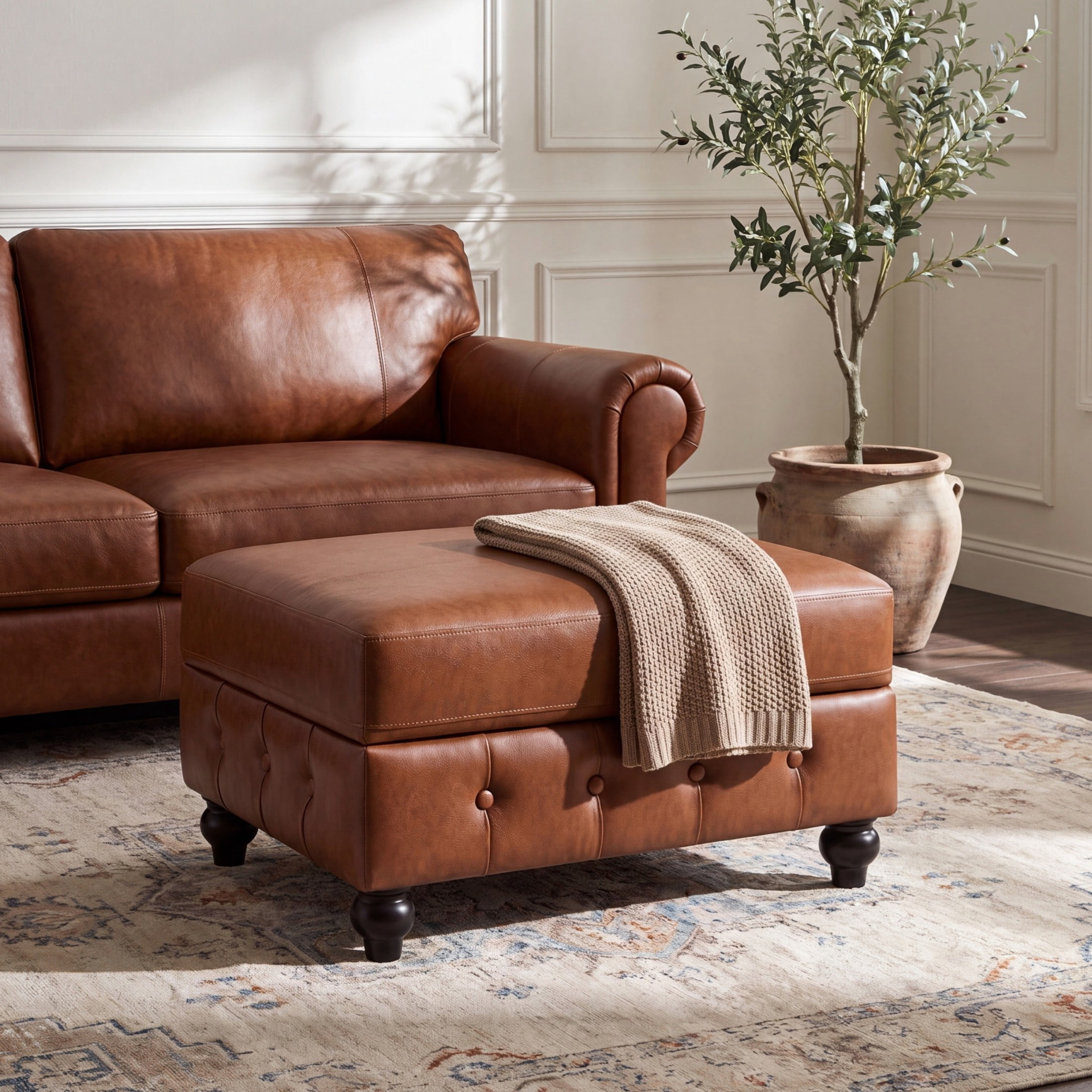 Christopher Knight Home Modern Rectangle Storage Ottoman, Tufted PU Leather Footrest, Wood Legs, Brown