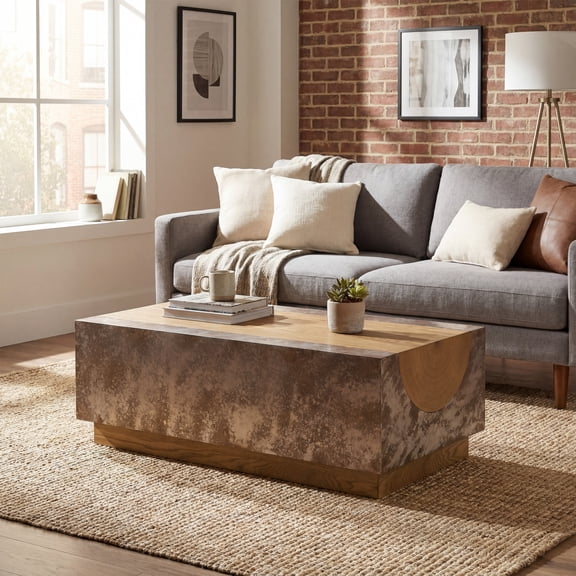 Christopher Knight Home Modern Rectangular Coffee Table with Rust-Effect Finish & Natural Tree Ring Accent