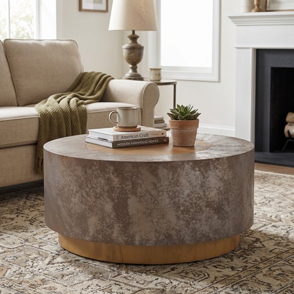 Christopher Knight Home Modern Round Coffee Table with Rust-Effect Finish & Natural Tree Ring Accent