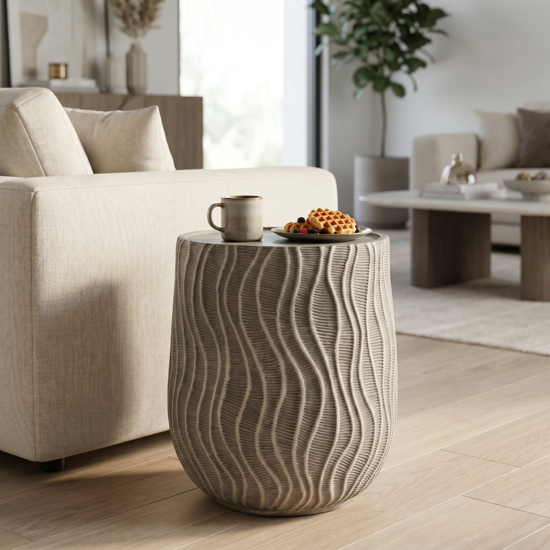 Christopher Knight Home Modern Round Drum Side Table with Wavy Design, Lightweight Concrete, Gray