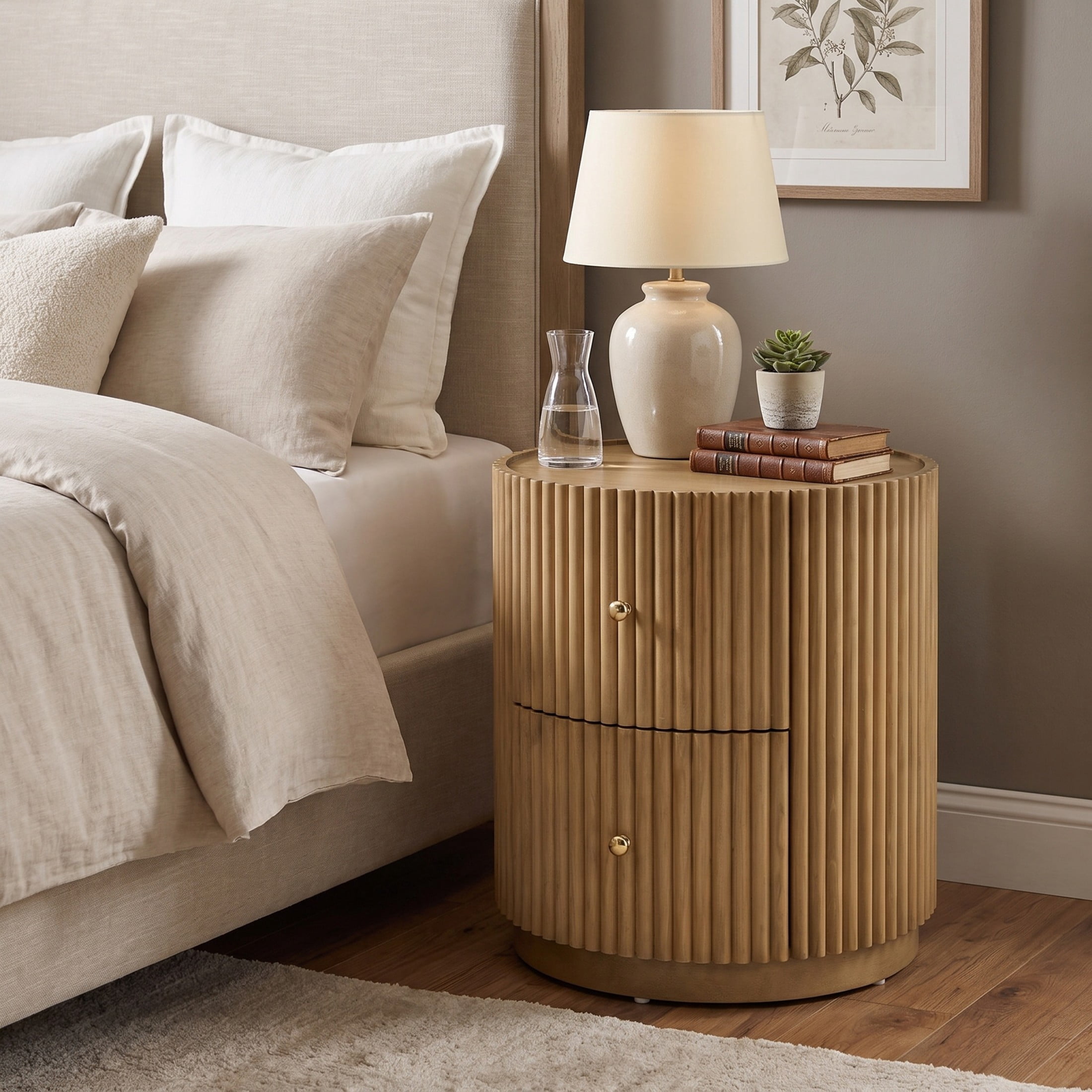 Christopher Knight Home Modern Round Fluted Side Table with Drawers, Tambour Wood Nightstand, Natural
