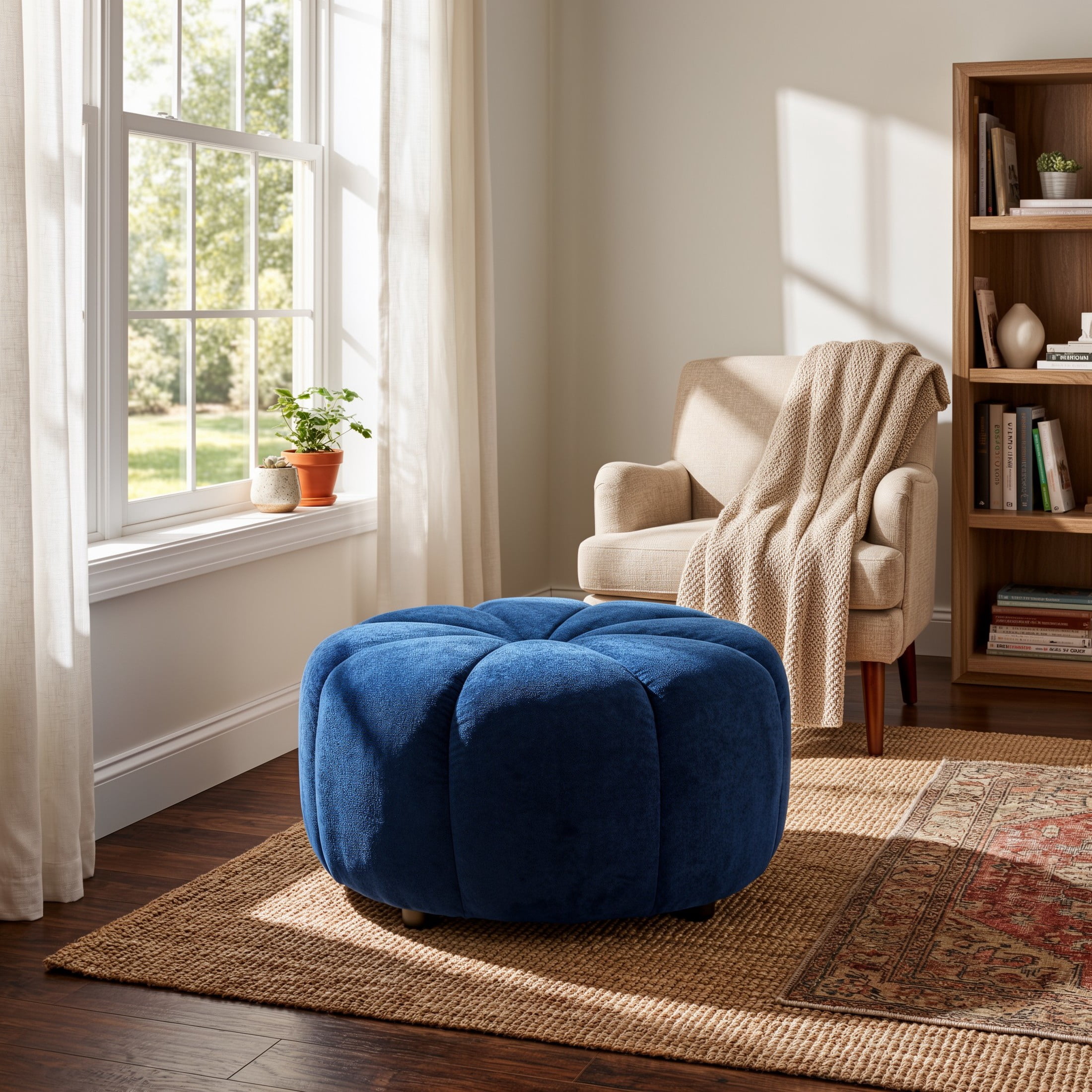Christopher Knight Home Modern Round Velvet Pumpkin Ottoman, Plush Upholstered Footstool, Navy Blue