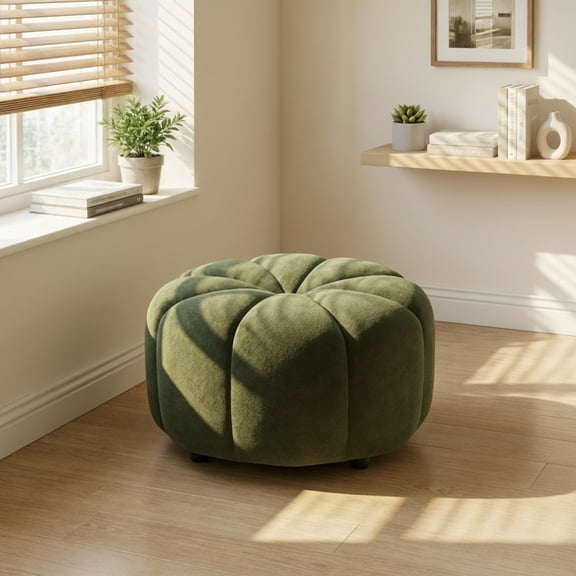 Christopher Knight Home Modern Round Velvet Pumpkin Ottoman, Plush Upholstered Footstool, Olive Green