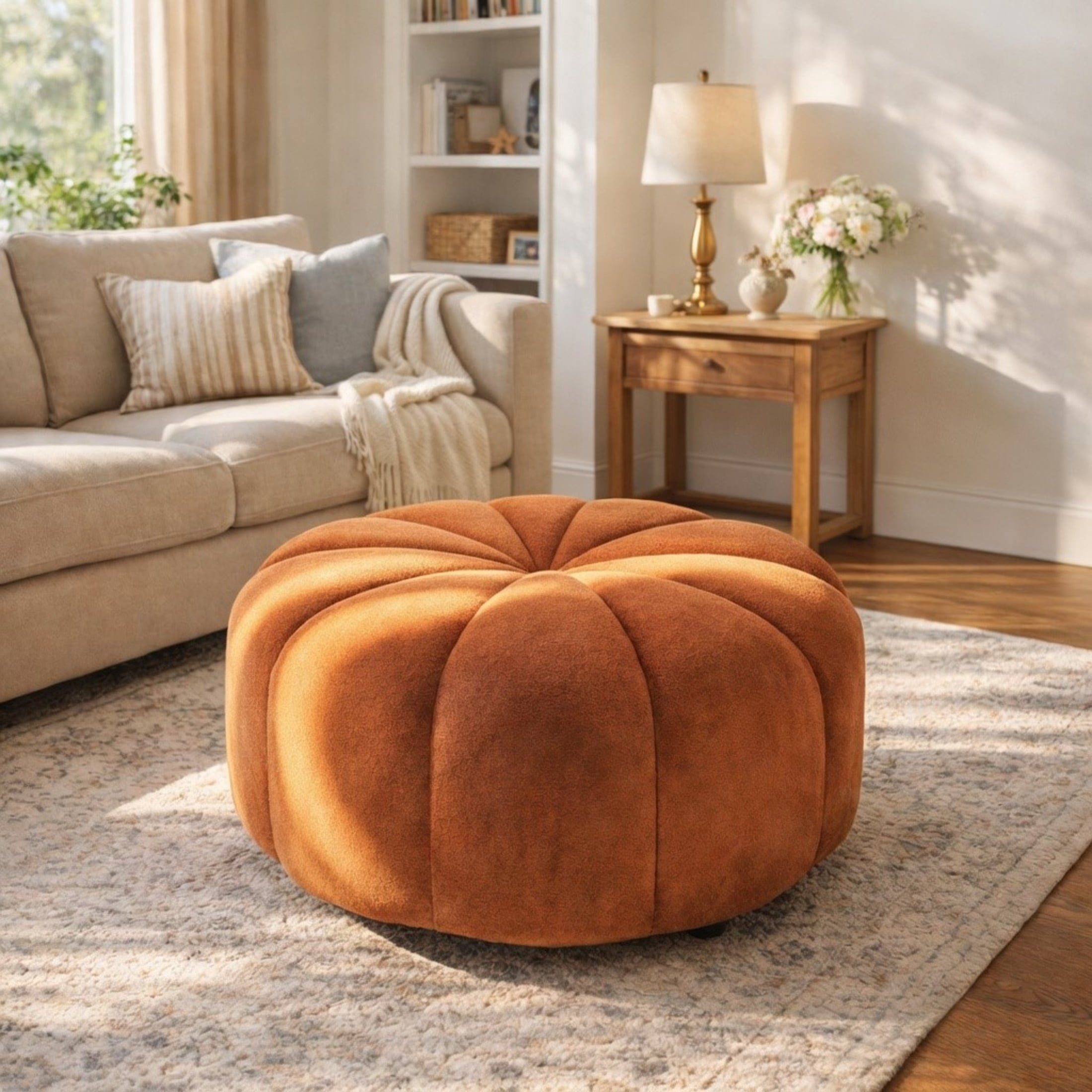 Christopher Knight Home Modern Round Velvet Pumpkin Ottoman, Plush Upholstered Footstool, Orange-Red
