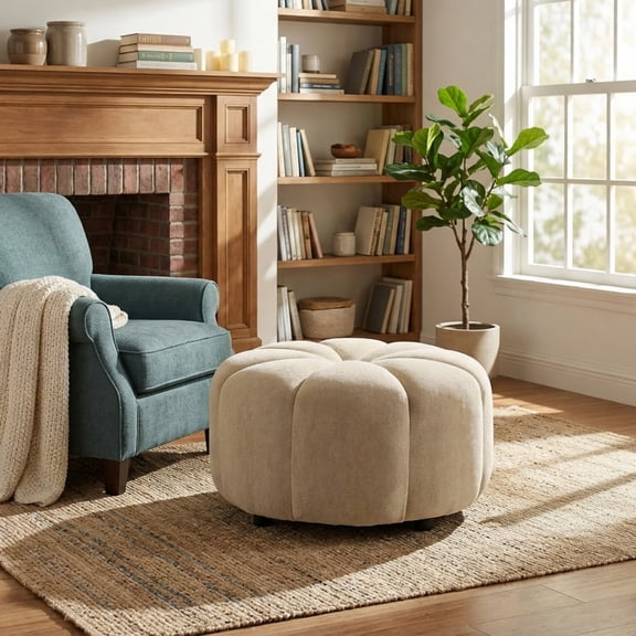 Christopher Knight Home Modern Round Velvet Pumpkin Ottoman, Plush Upholstered Footstool, Warm Greige