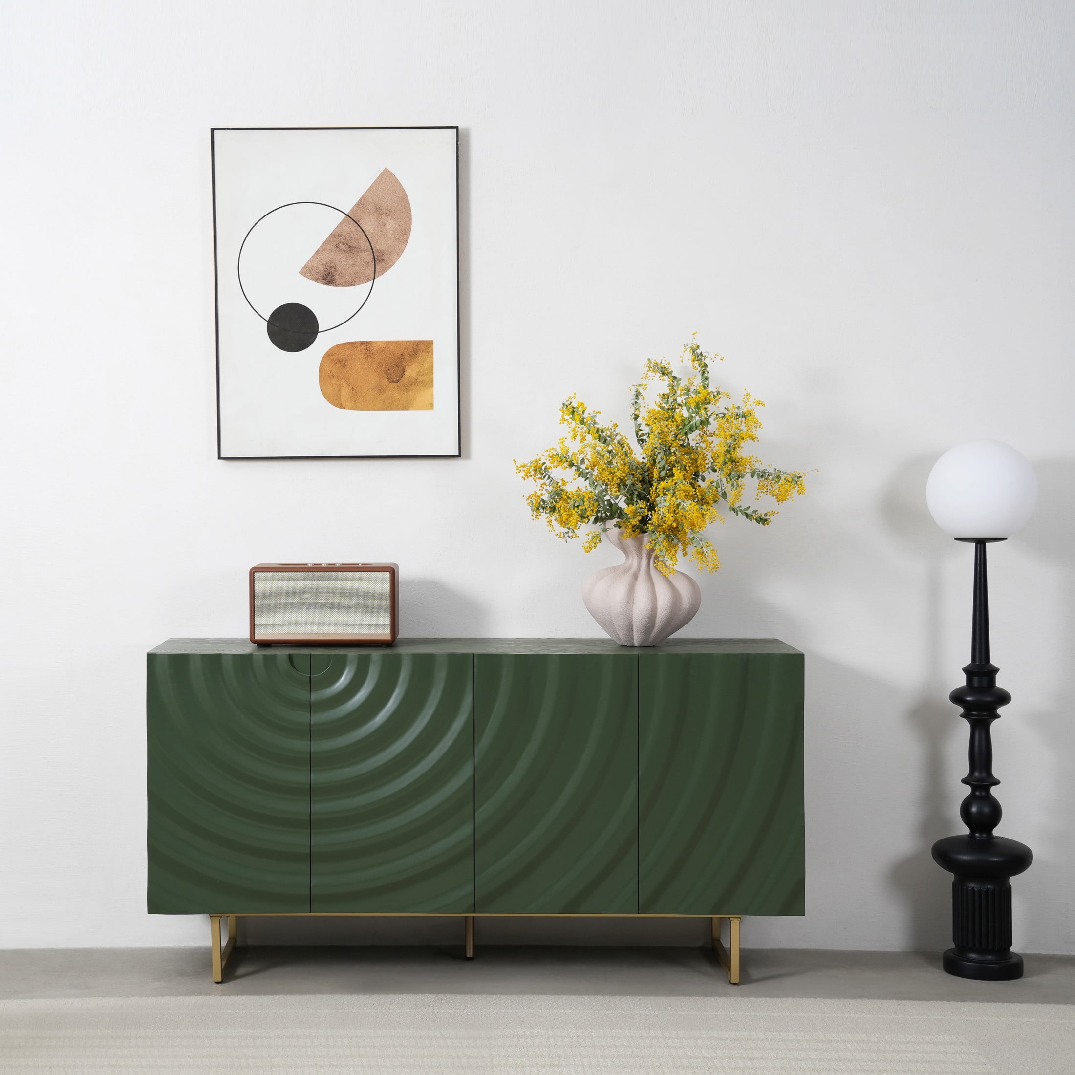 Christopher Knight Home Modern Sculptural 60" Sideboard, Ripple Doors, Adjustable Shelves, Metal Legs, Green