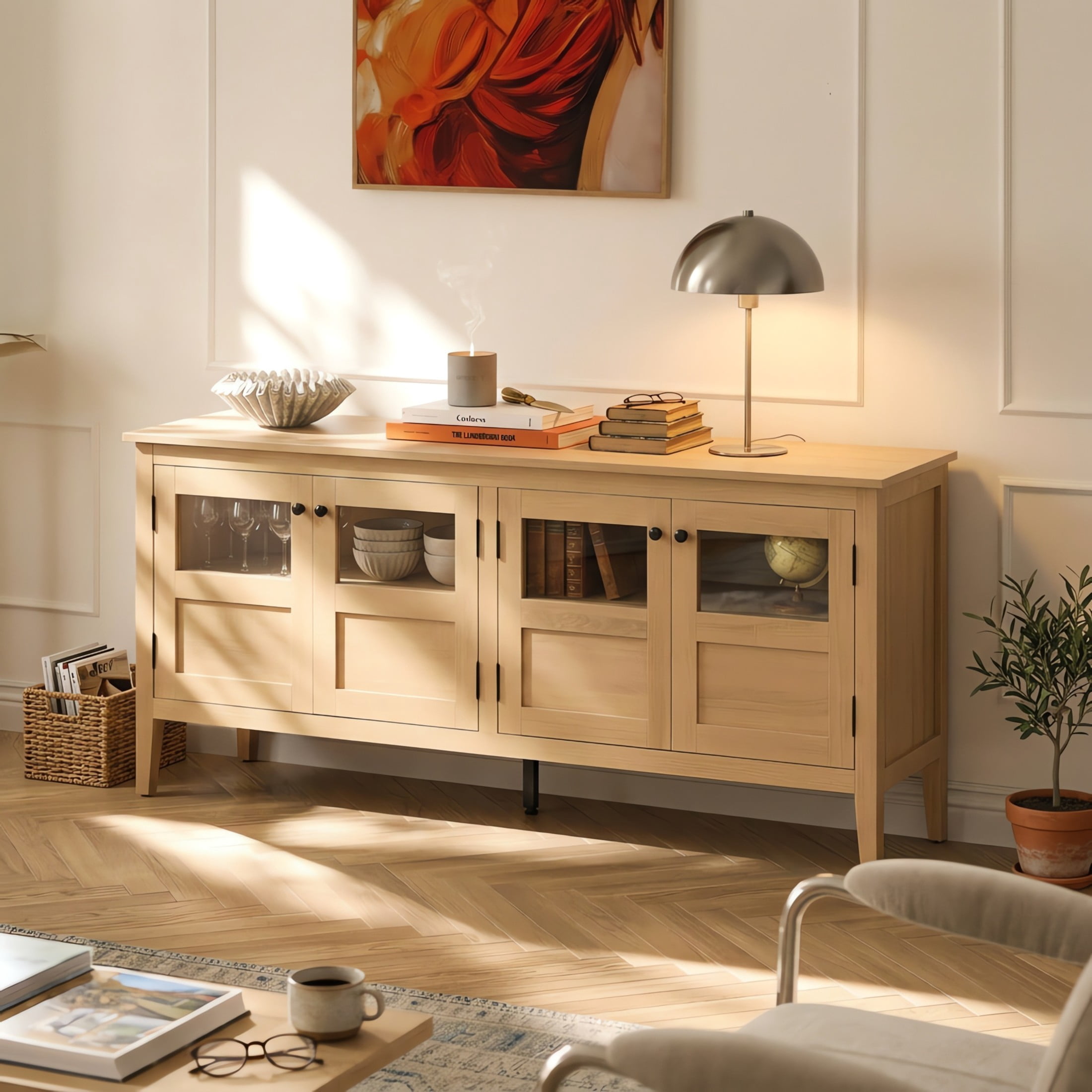Christopher Knight Home Modern Sideboard Cabinet, Media Console with Acrylic Panel Doors, Light Oak