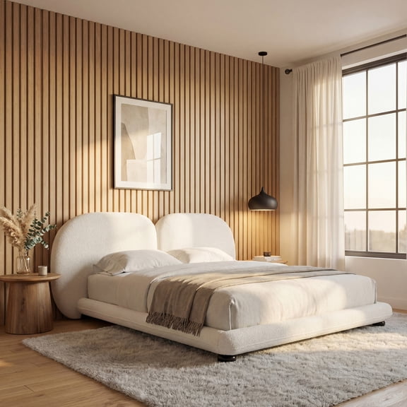Christopher Knight Home Modern Teddy Fleece Platform Bed Frame with Split Headboard, Queen, White