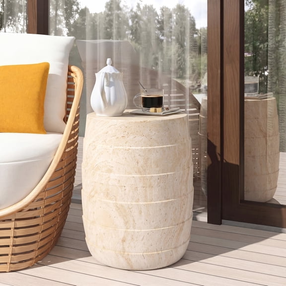 Christopher Knight Home Modern Travertine-Look Ribbed Side Table, Outdoor Indoor Use, Light Beige