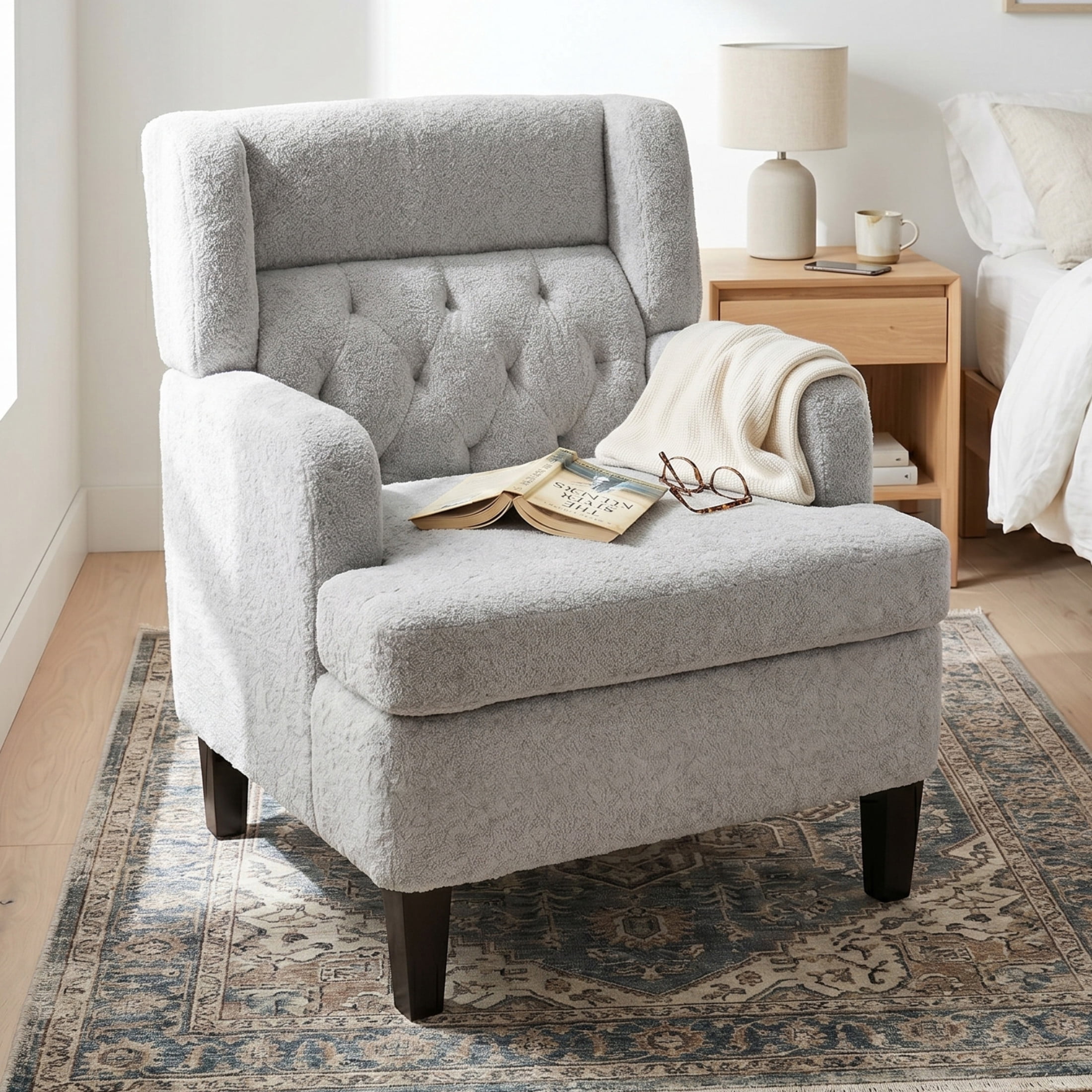 Christopher Knight Home Modern Tufted Accent Chair, Plush Fabric Upholstered with Wood Legs, Light Gray