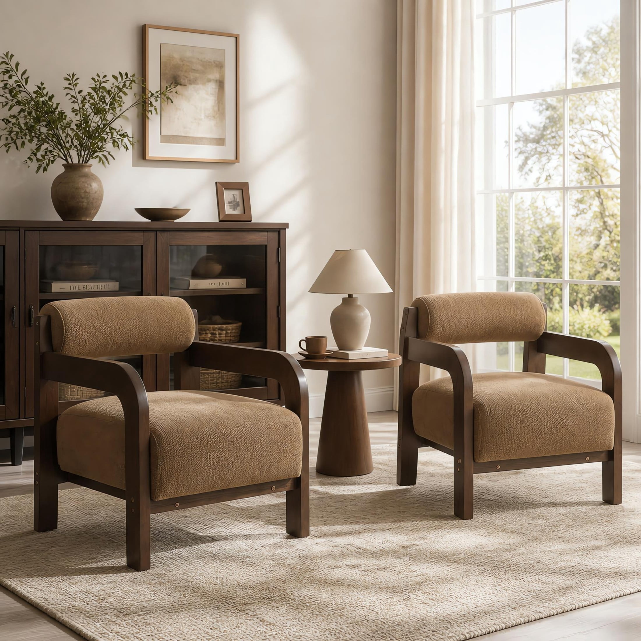 Christopher Knight Home Modern Upholstered Accent Chair, Curved Wood Arms with Thick Cushion, Camel, Set of 2