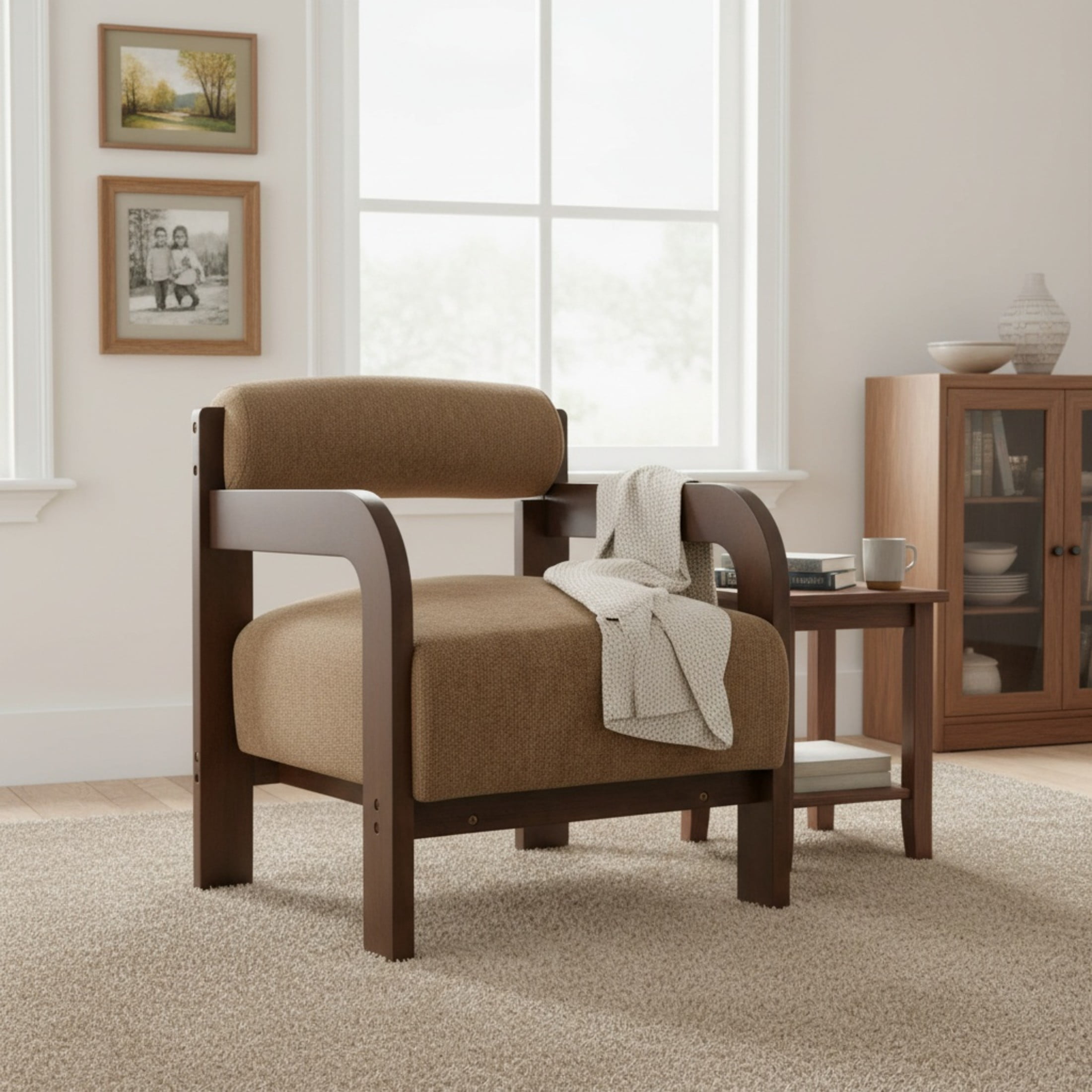 Christopher Knight Home Modern Upholstered Accent Chair, Curved Wood Arms with Thick Cushion, Camel
