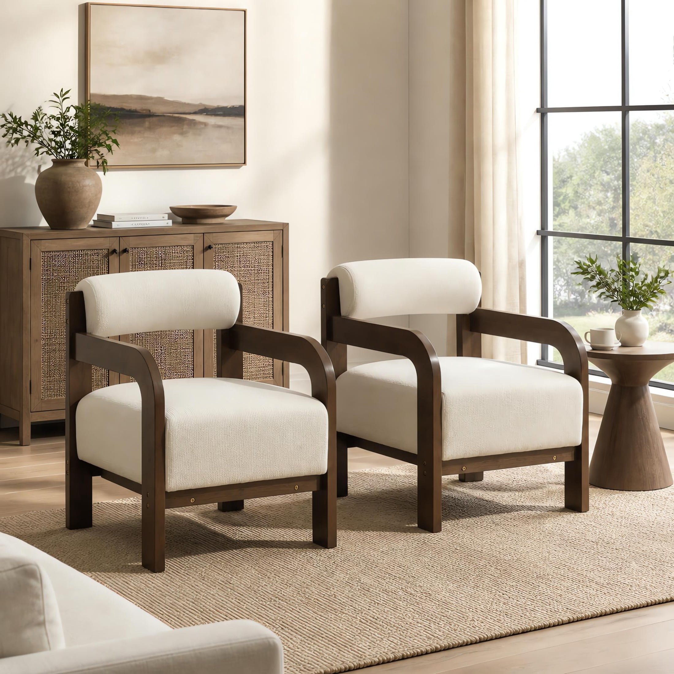 Christopher Knight Home Modern Upholstered Accent Chair, Curved Wood Arms with Thick Cushion, Cream, Set of 2