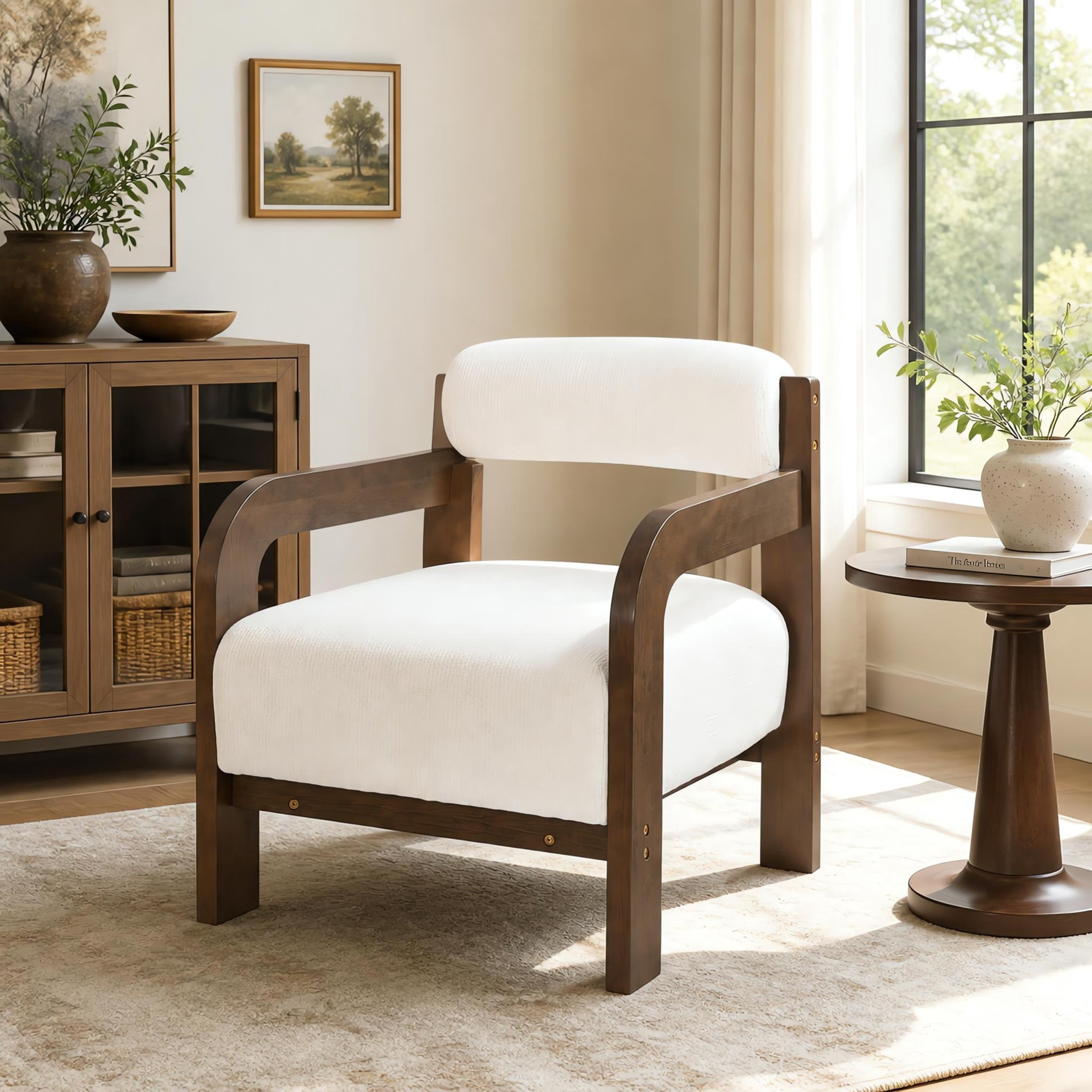 Christopher Knight Home Modern Upholstered Accent Chair, Curved Wood Arms with Thick Cushion, Cream