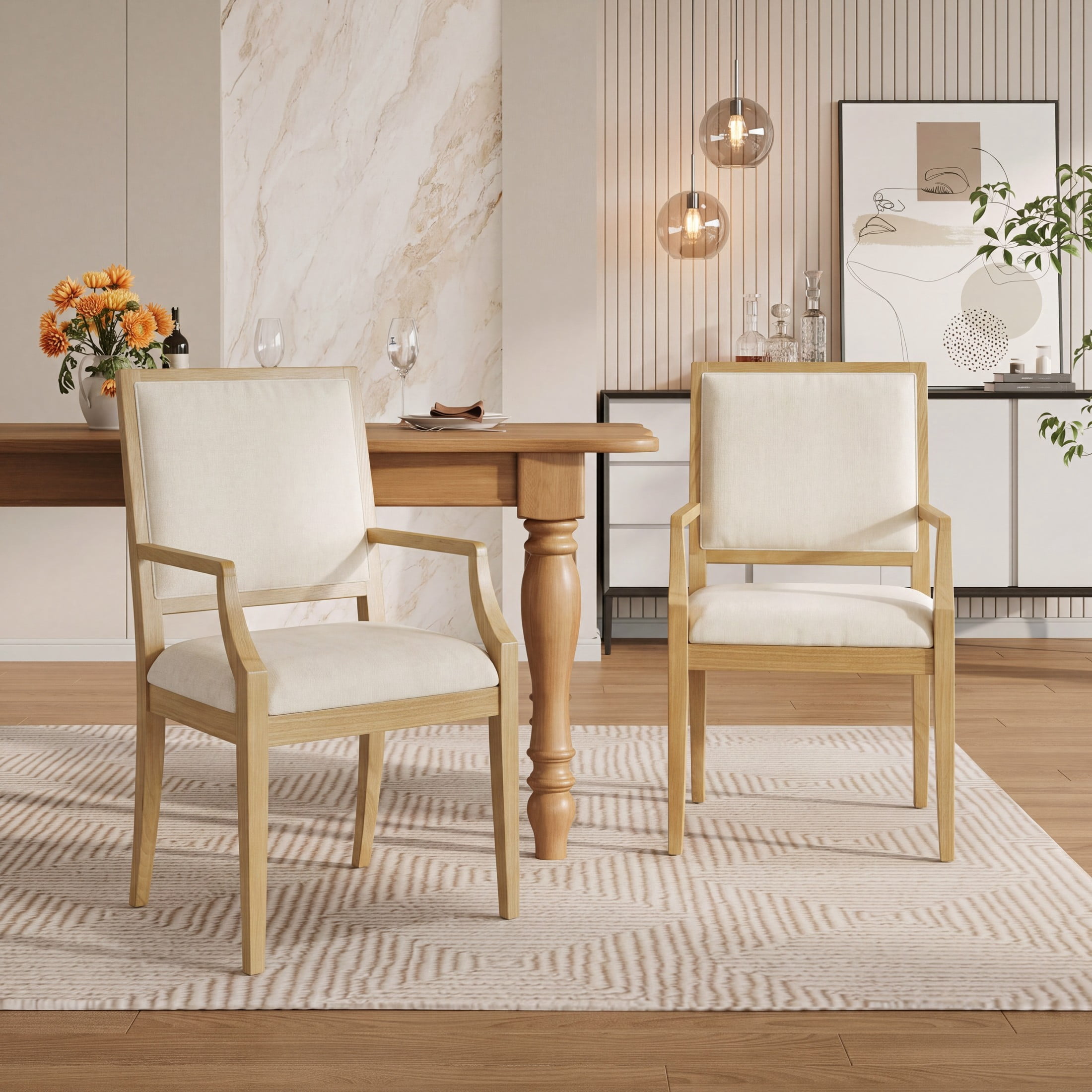Christopher Knight Home Modern Upholstered Arm Dining Chairs, Rubberwood Frame, Beige+Natural, Set of 2