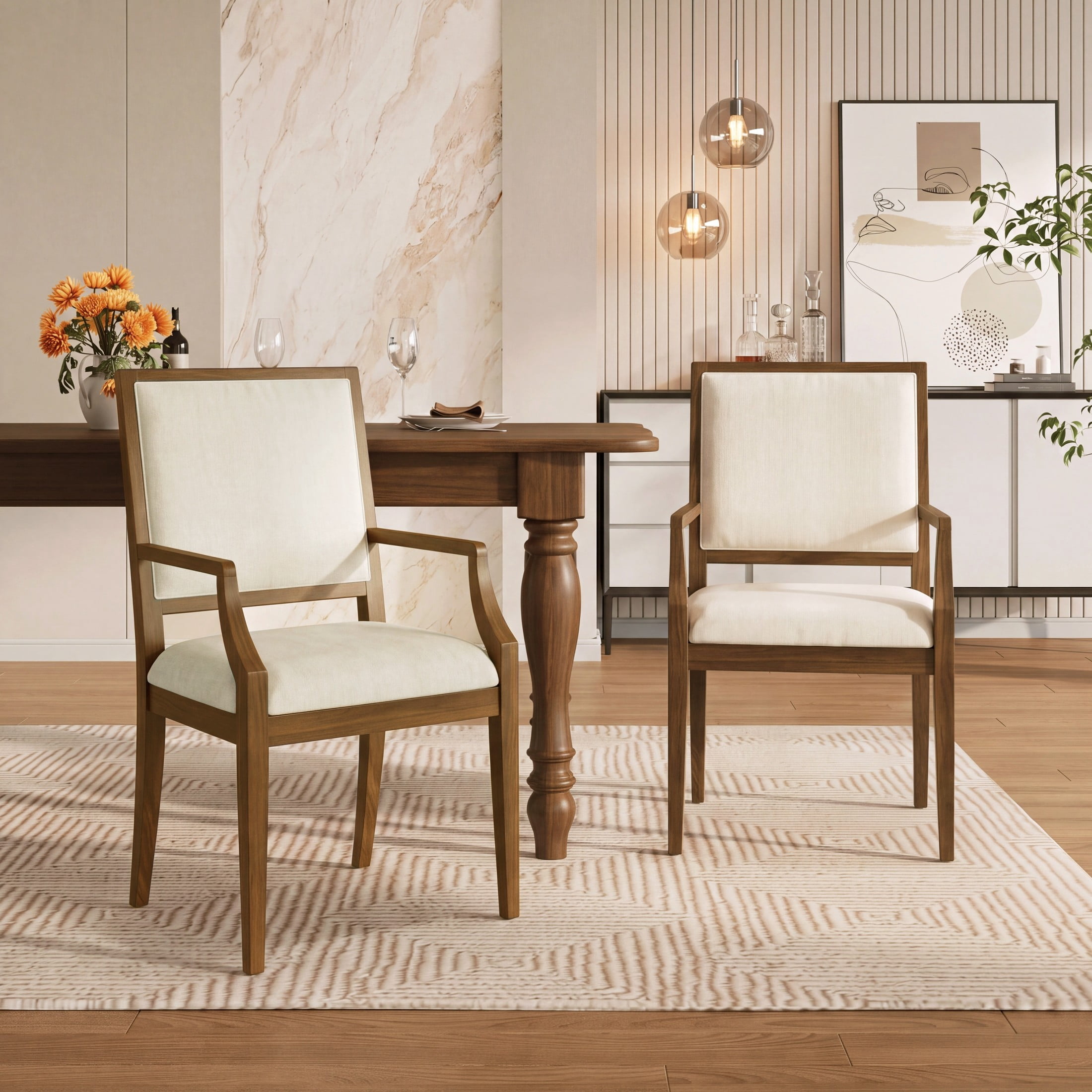 Christopher Knight Home Modern Upholstered Arm Dining Chairs, Rubberwood Frame, Beige+Walnut, Set of 2