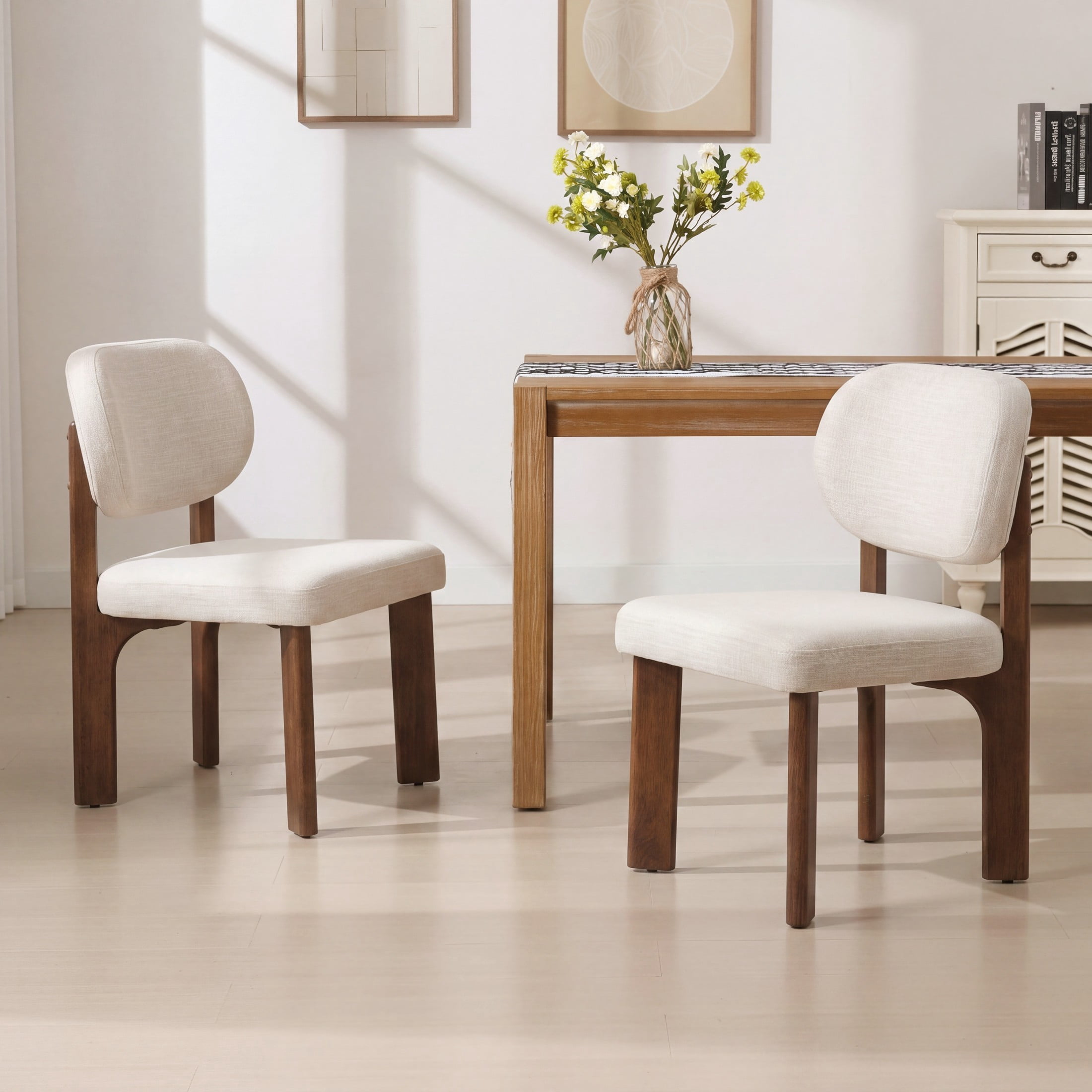 Christopher Knight Home Modern Upholstered Armless Dining Chairs, Wood Frame, Walnut+Beige, Set of 2