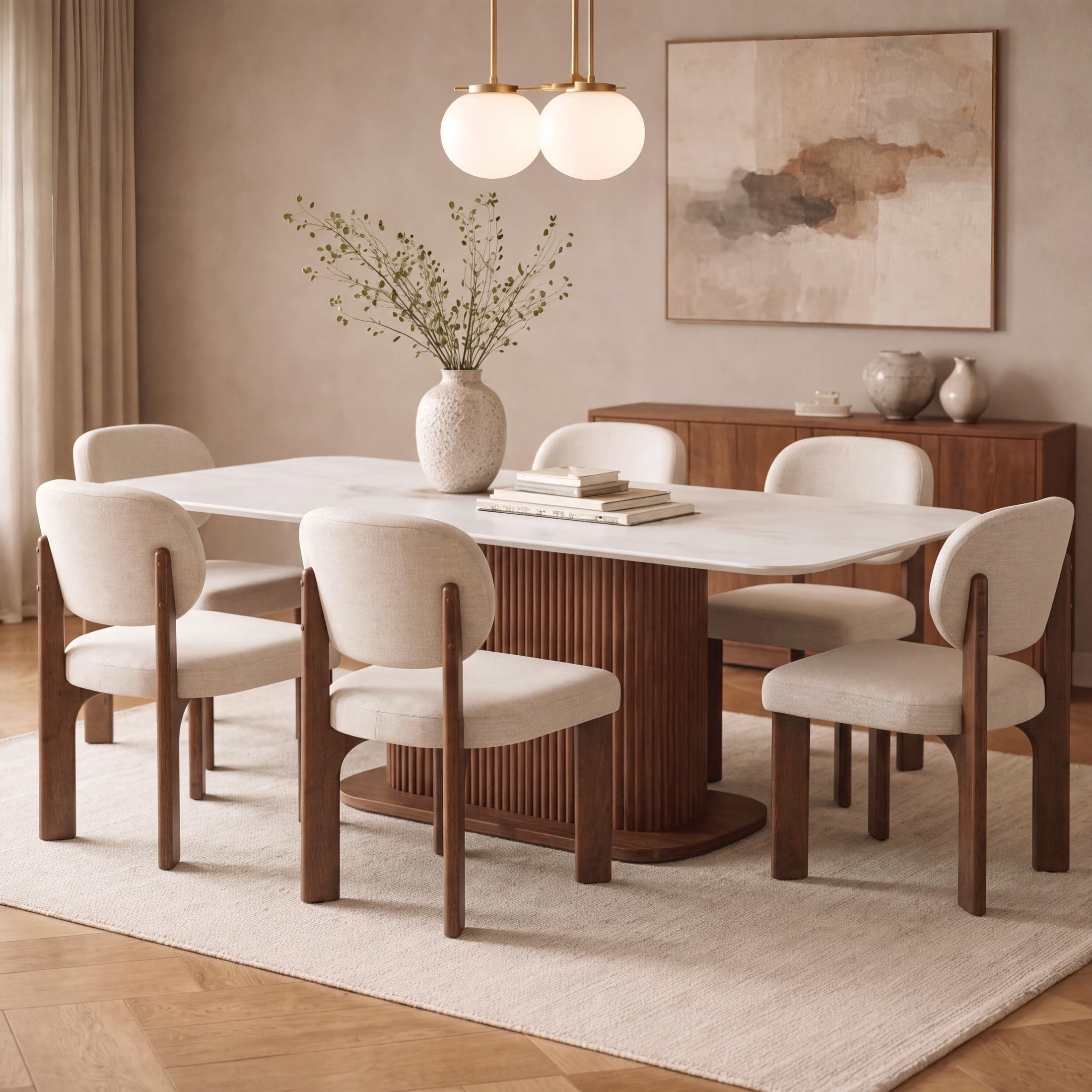 Christopher Knight Home Modern Upholstered Armless Dining Chairs, Wood Frame, Walnut+Beige, Set of 6