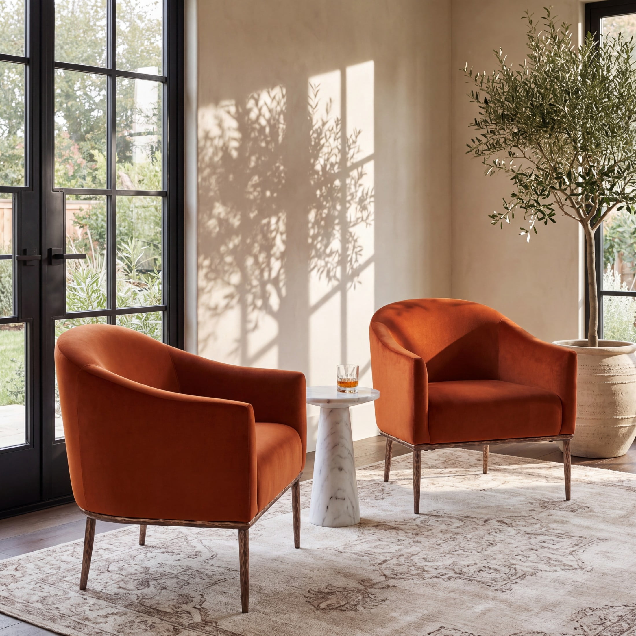 Christopher Knight Home Modern Upholstered Barrel Accent Armchair with Hammered Metal Base, Burnt Orange, Set of 2