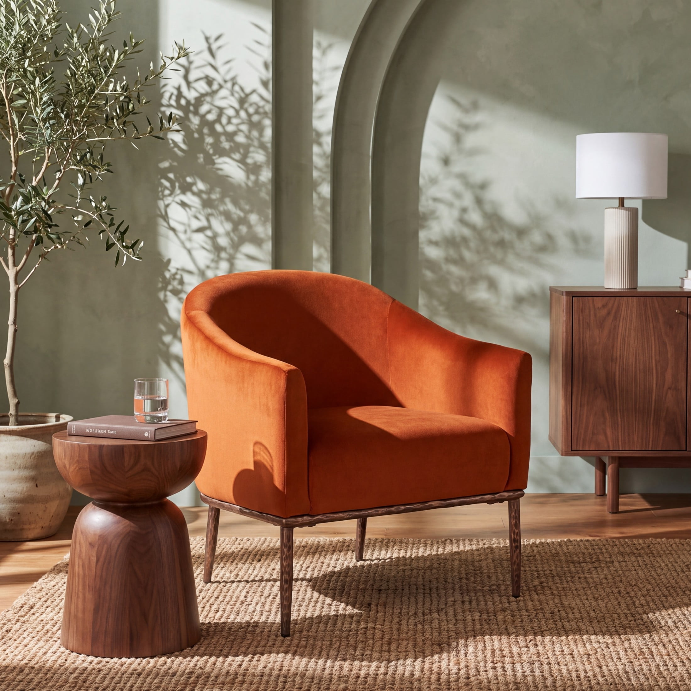 Christopher Knight Home Modern Upholstered Barrel Accent Armchair with Hammered Metal Base, Burnt Orange