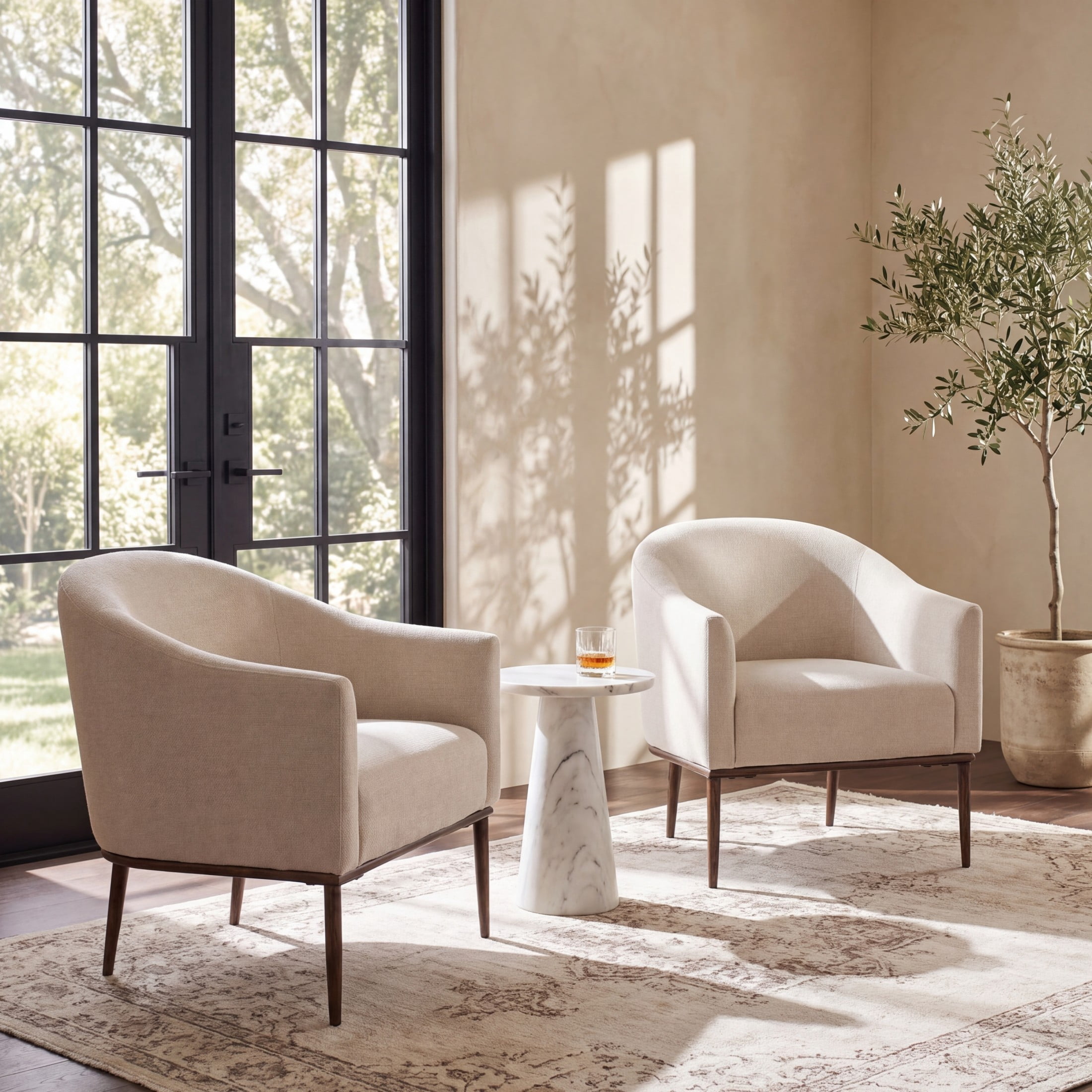 Christopher Knight Home Modern Upholstered Barrel Accent Armchair with Hammered Metal Base, Ivory, Set of 2