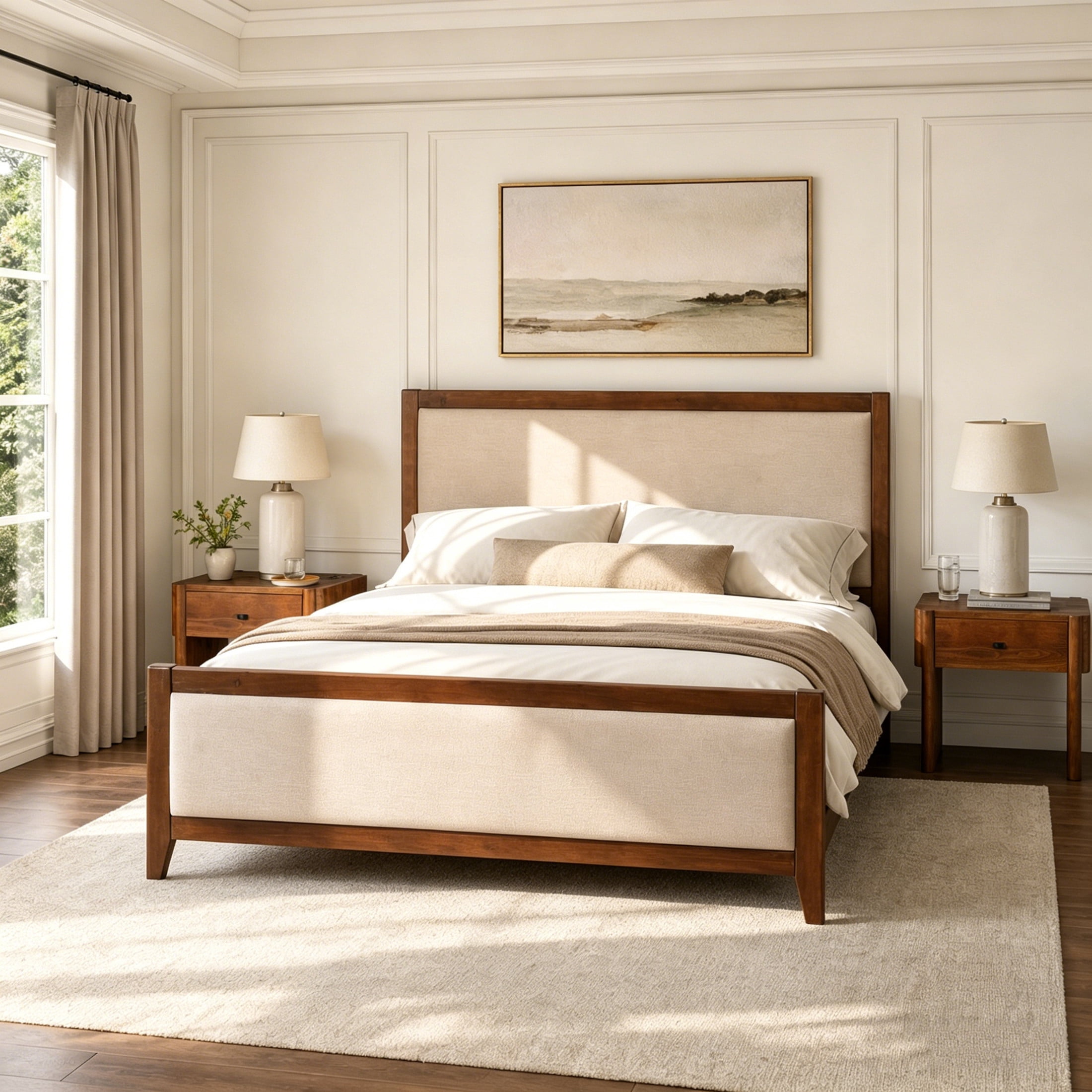 Christopher Knight Home Modern Upholstered Bed Frame with 2 Nightstands, King Size, Light Brown+Beige