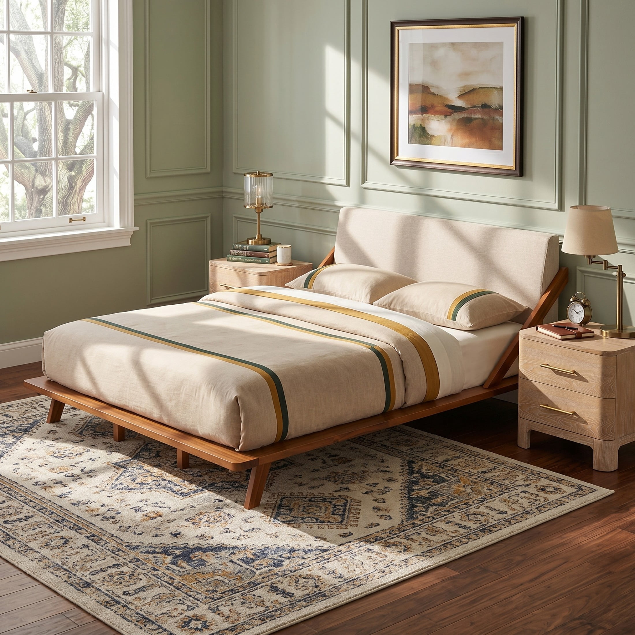 Christopher Knight Home Modern Upholstered Bed Frame with 2 Nightstands, Queen Size, Beige+Natural