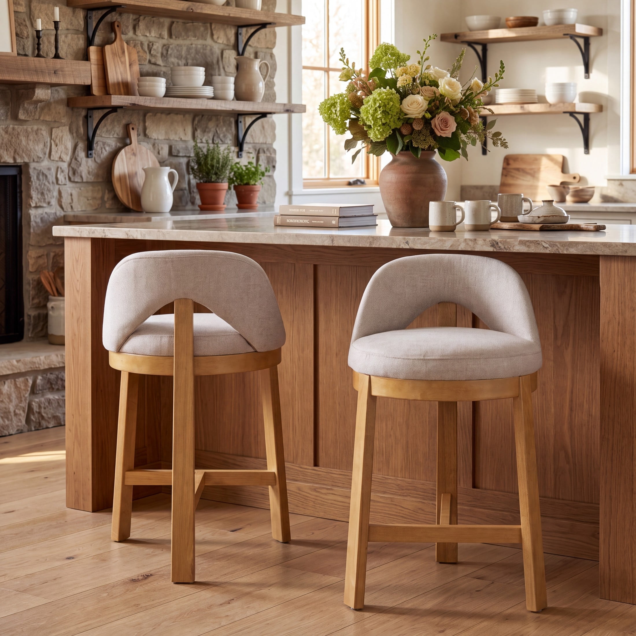 Christopher Knight Home Modern Upholstered Counter Stools with Curved Back, Wood Frame, Natural+Beige, Set of 2