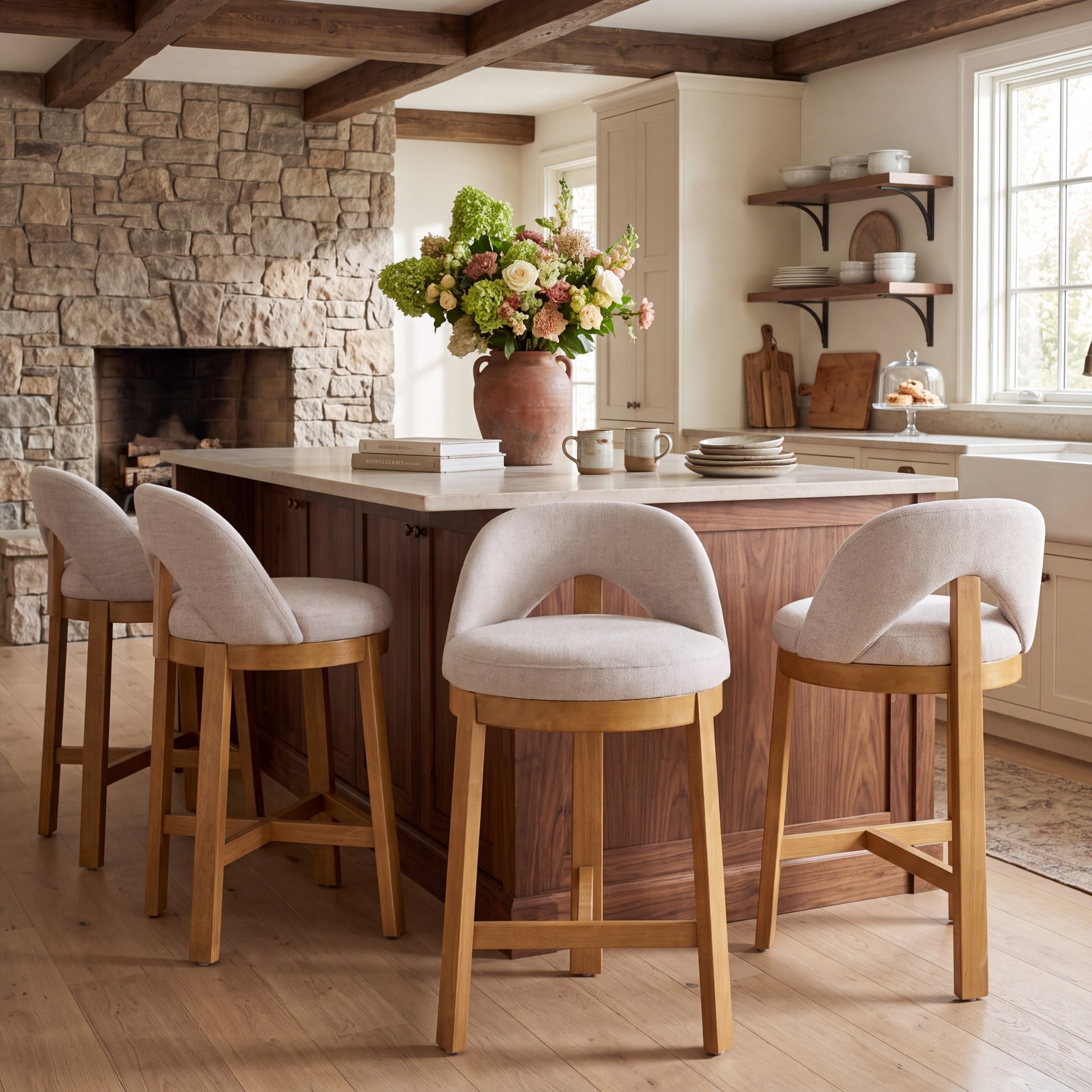 Christopher Knight Home Modern Upholstered Counter Stools with Curved Back, Wood Frame, Natural+Beige, Set of 4