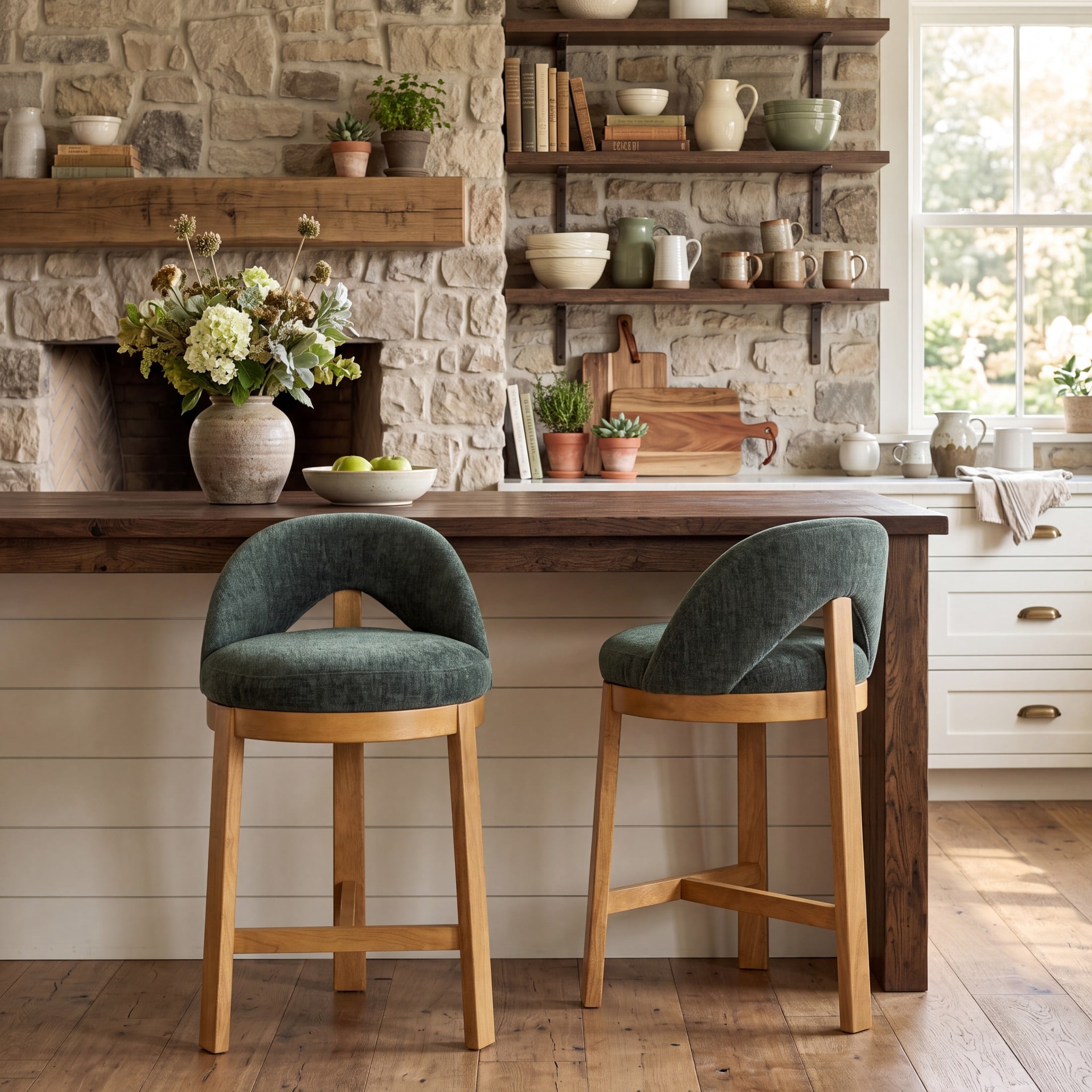 Christopher Knight Home Modern Upholstered Counter Stools with Curved Back, Wood Frame, Natural+Green, Set of 2