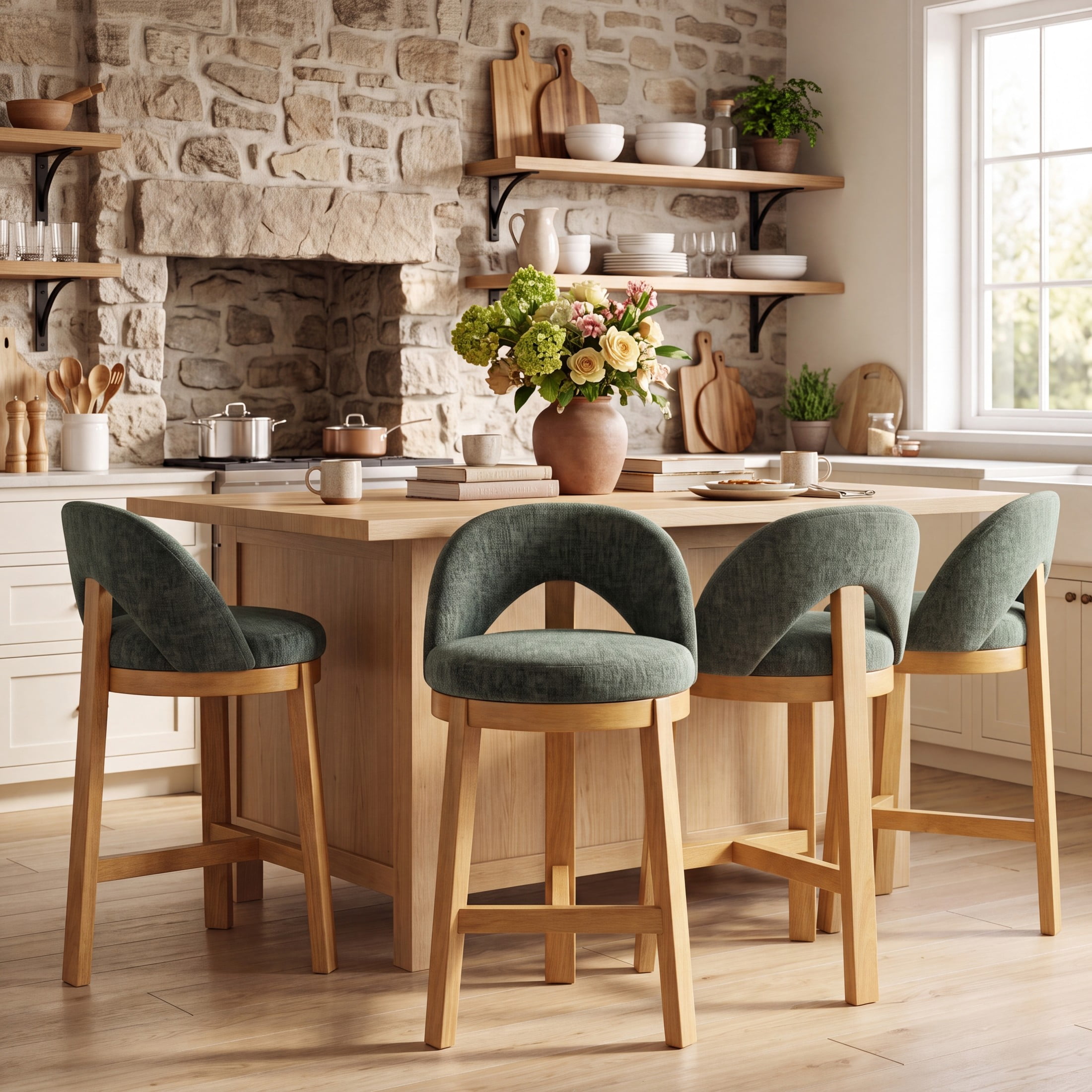 Christopher Knight Home Modern Upholstered Counter Stools with Curved Back, Wood Frame, Natural+Green, Set of 4
