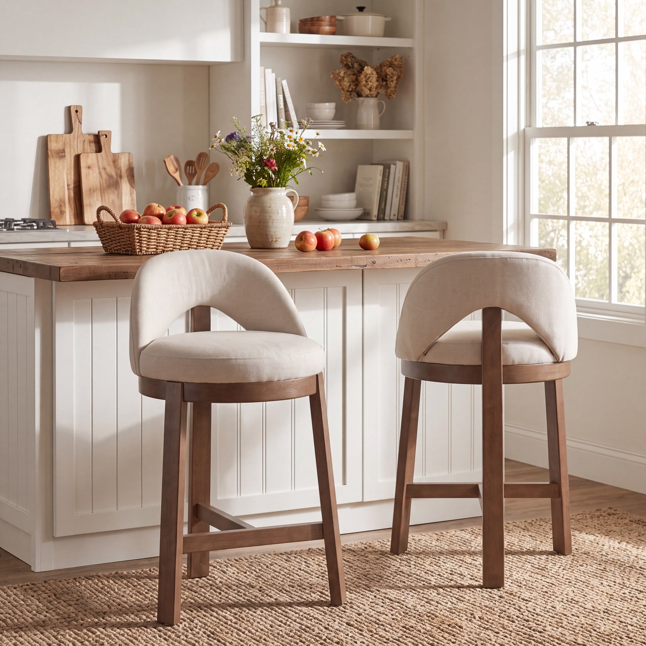 Christopher Knight Home Modern Upholstered Counter Stools with Curved Back, Wood Frame, Walnut+Beige, Set of 2