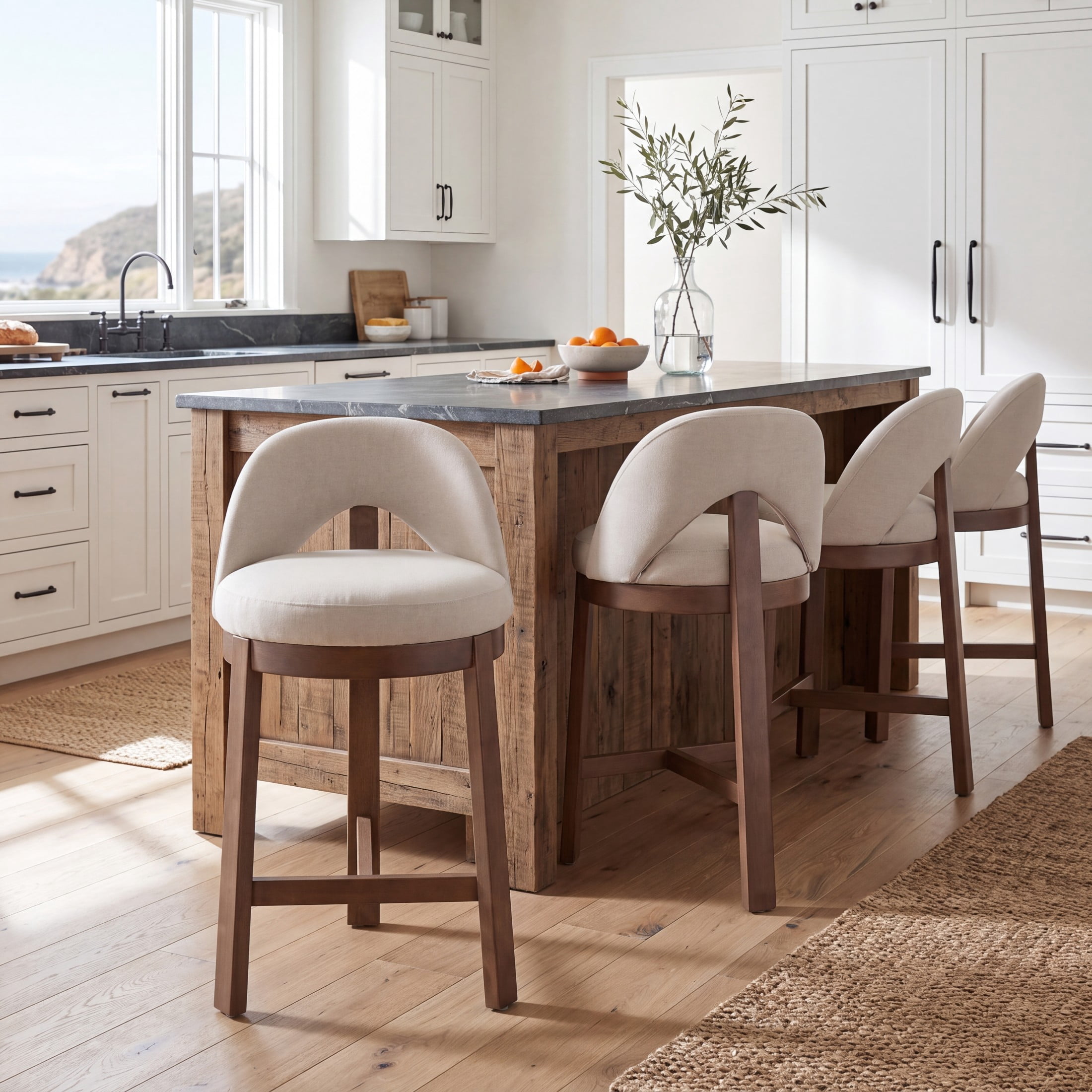 Christopher Knight Home Modern Upholstered Counter Stools with Curved Back, Wood Frame, Walnut+Beige, Set of 4