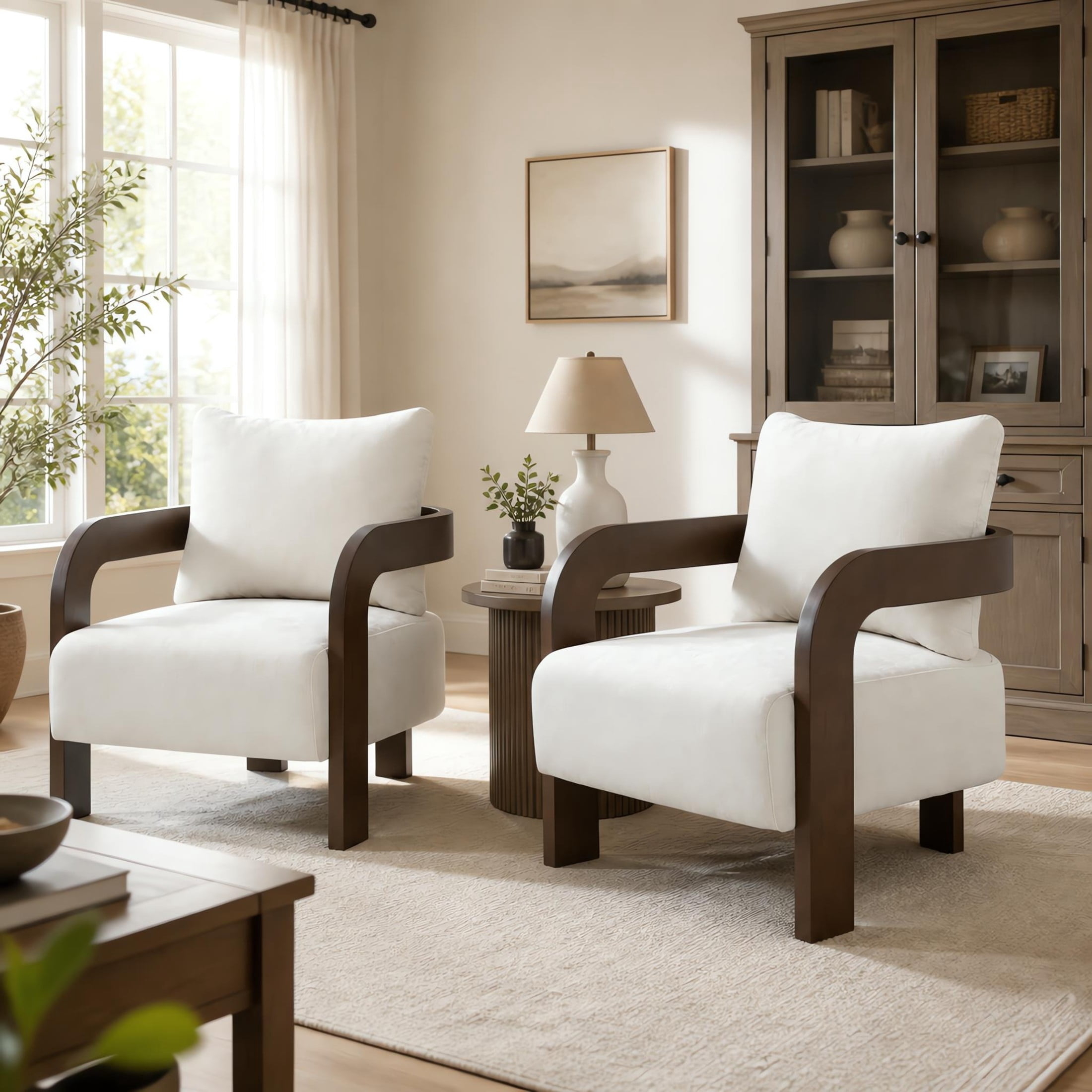 Christopher Knight Home Modern Upholstered Curved Accent Chair with Square Loose Back Pillow, Beige, Set of 2