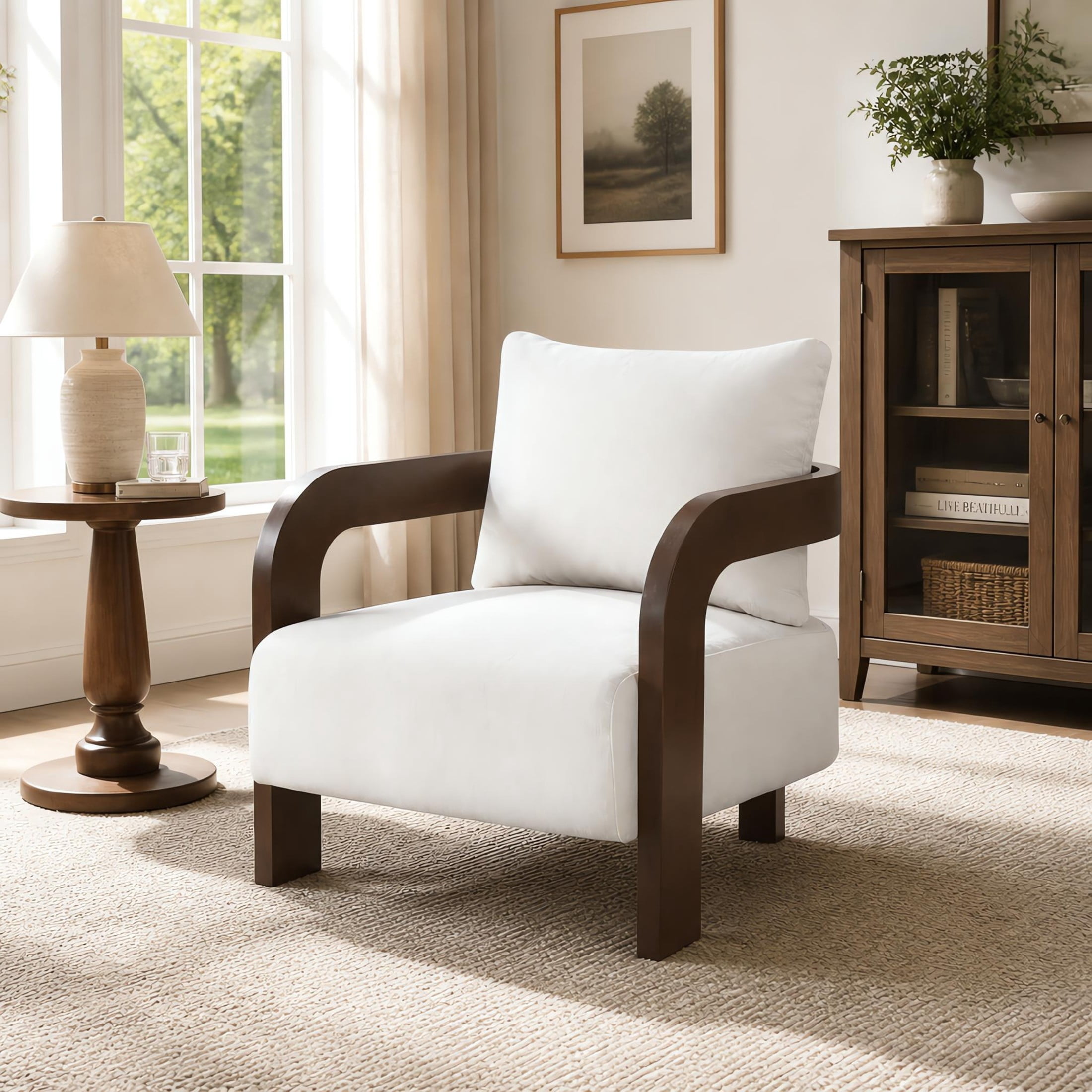 Christopher Knight Home Modern Upholstered Curved Accent Chair with Square Loose Back Pillow, Beige